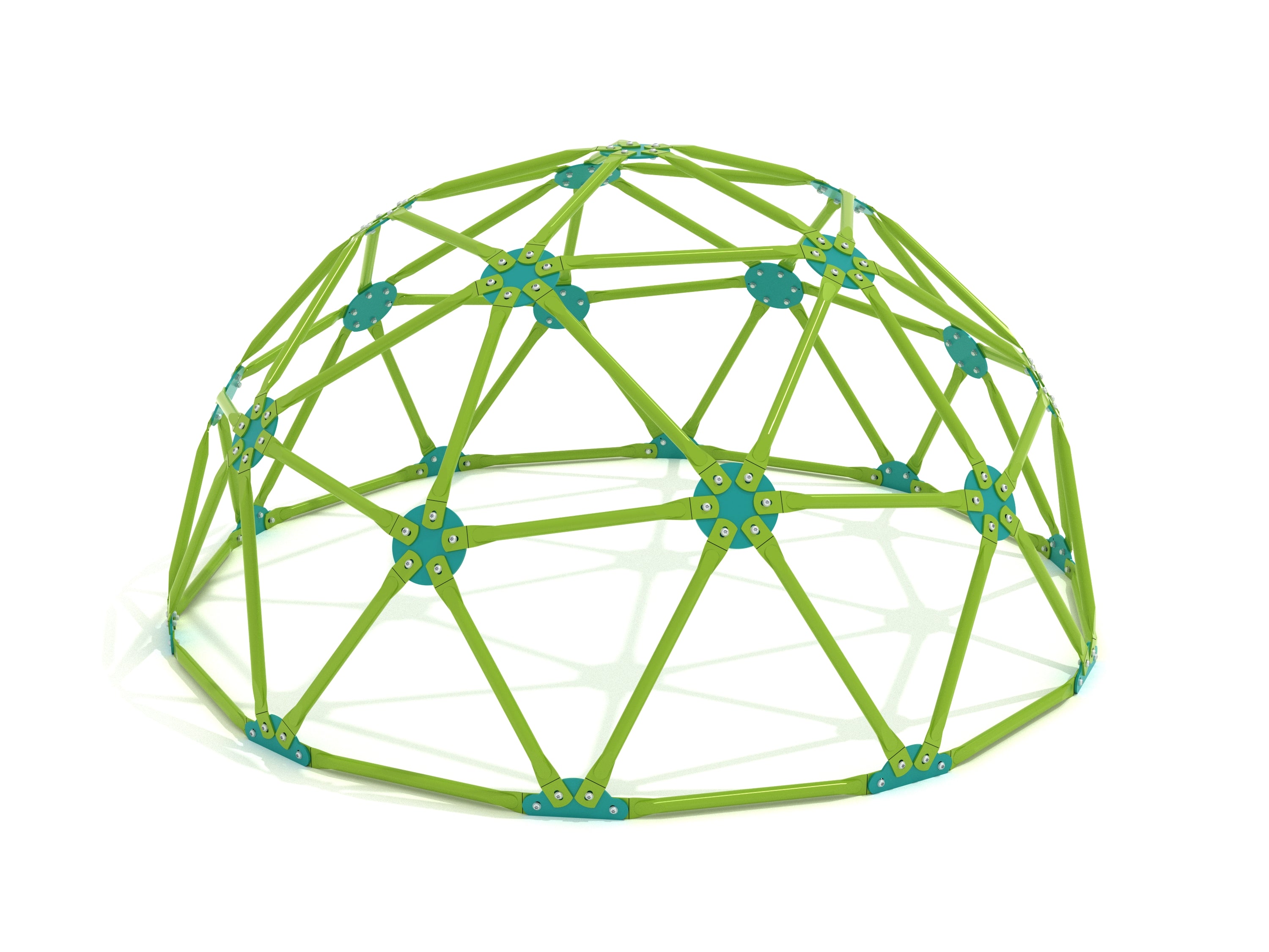 Green geodome climber with blue connectors, half-sphere climbing structure for kids' playgrounds and social play