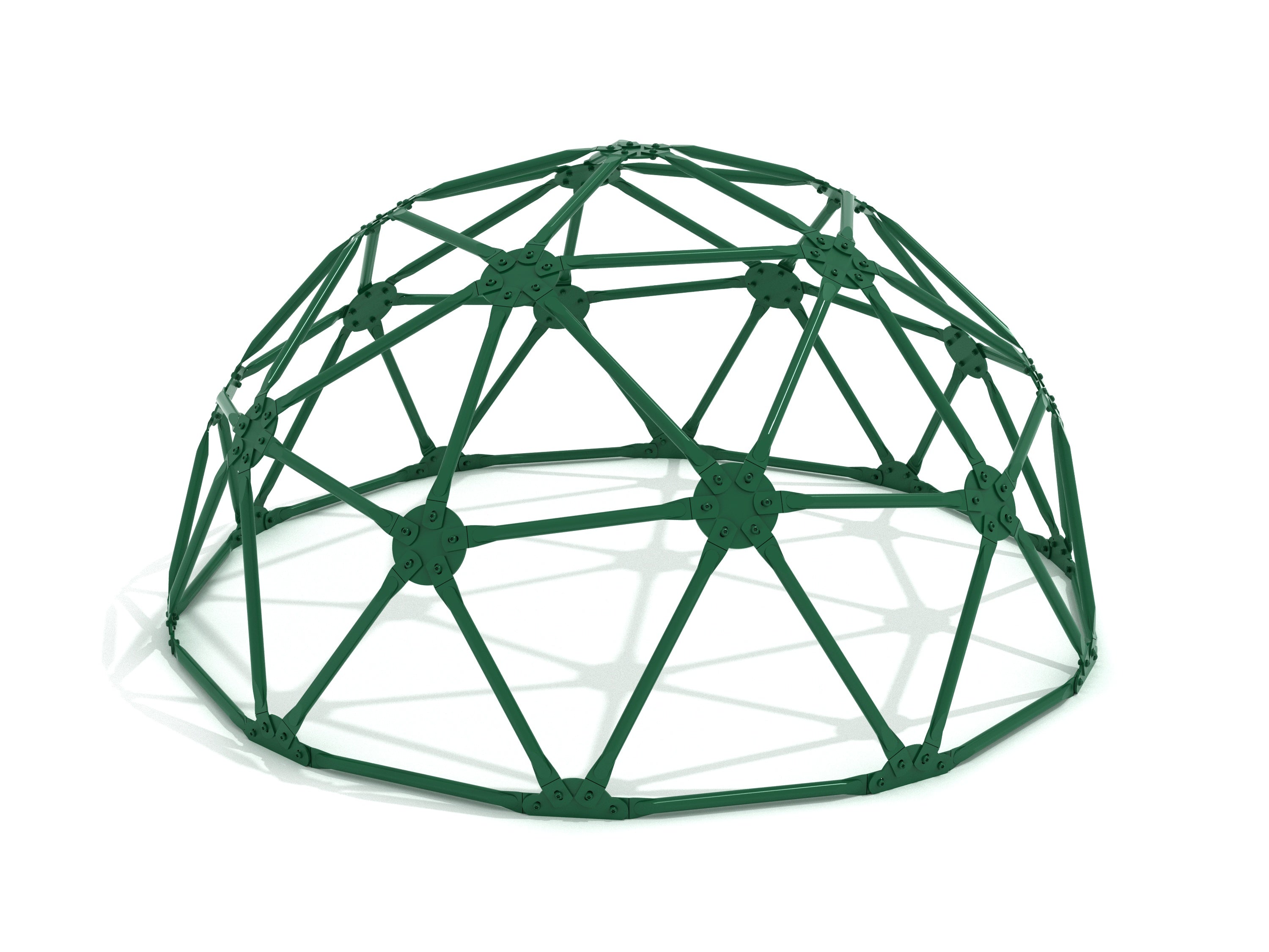 Green half-sphere geodome climber with interconnected metal bars for children's climbing and imaginative play