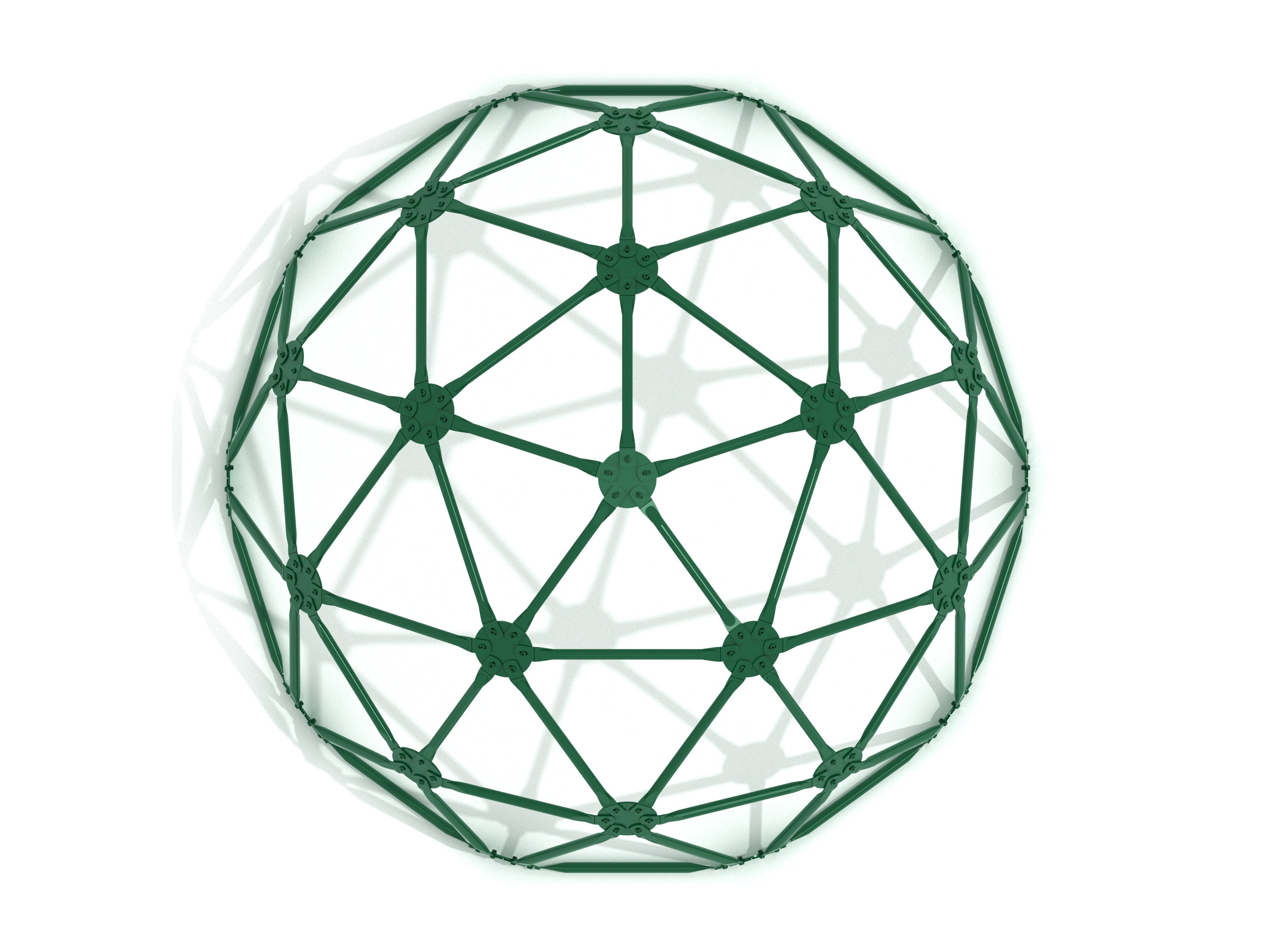 Overhead view of a green geodome climber with interconnected metal bars forming a half-sphere climbing structure