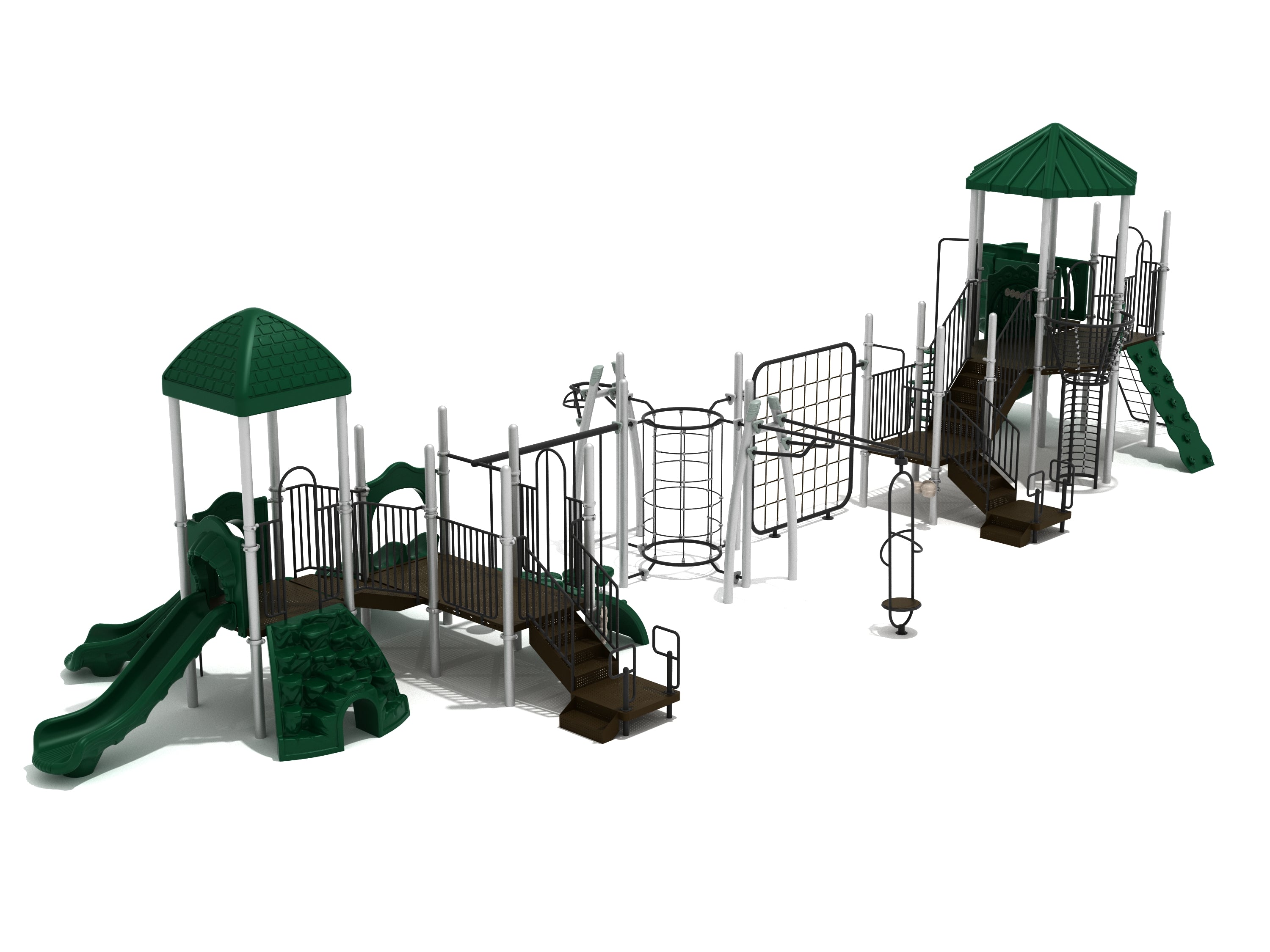 Large outdoor playground with green slides, climbing walls, cargo net, multiple platforms with roofs, and spiral slide