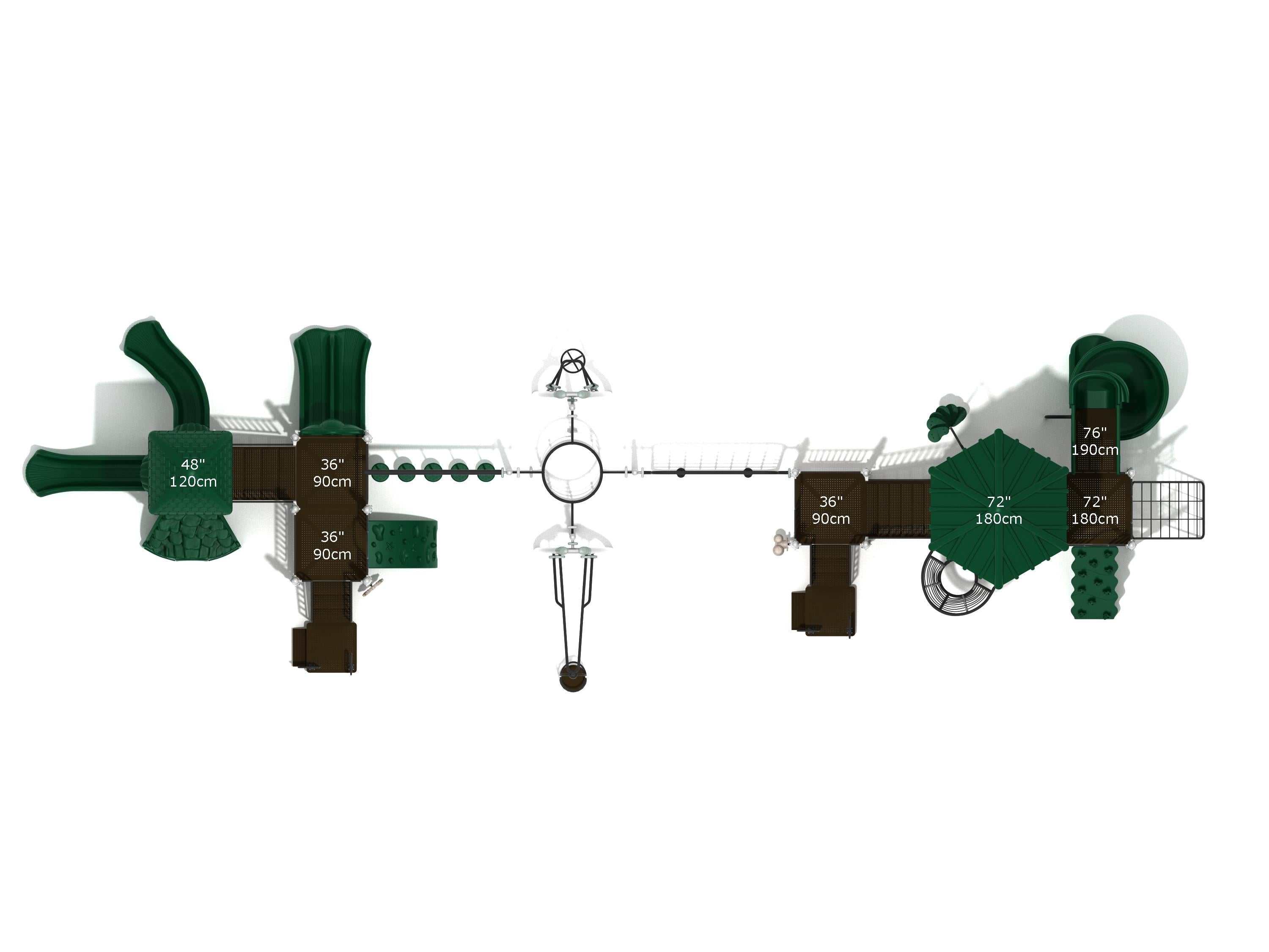 Overhead view of a large green and brown playground with slides, climbers, bridges, and spinners designed for diverse play areas