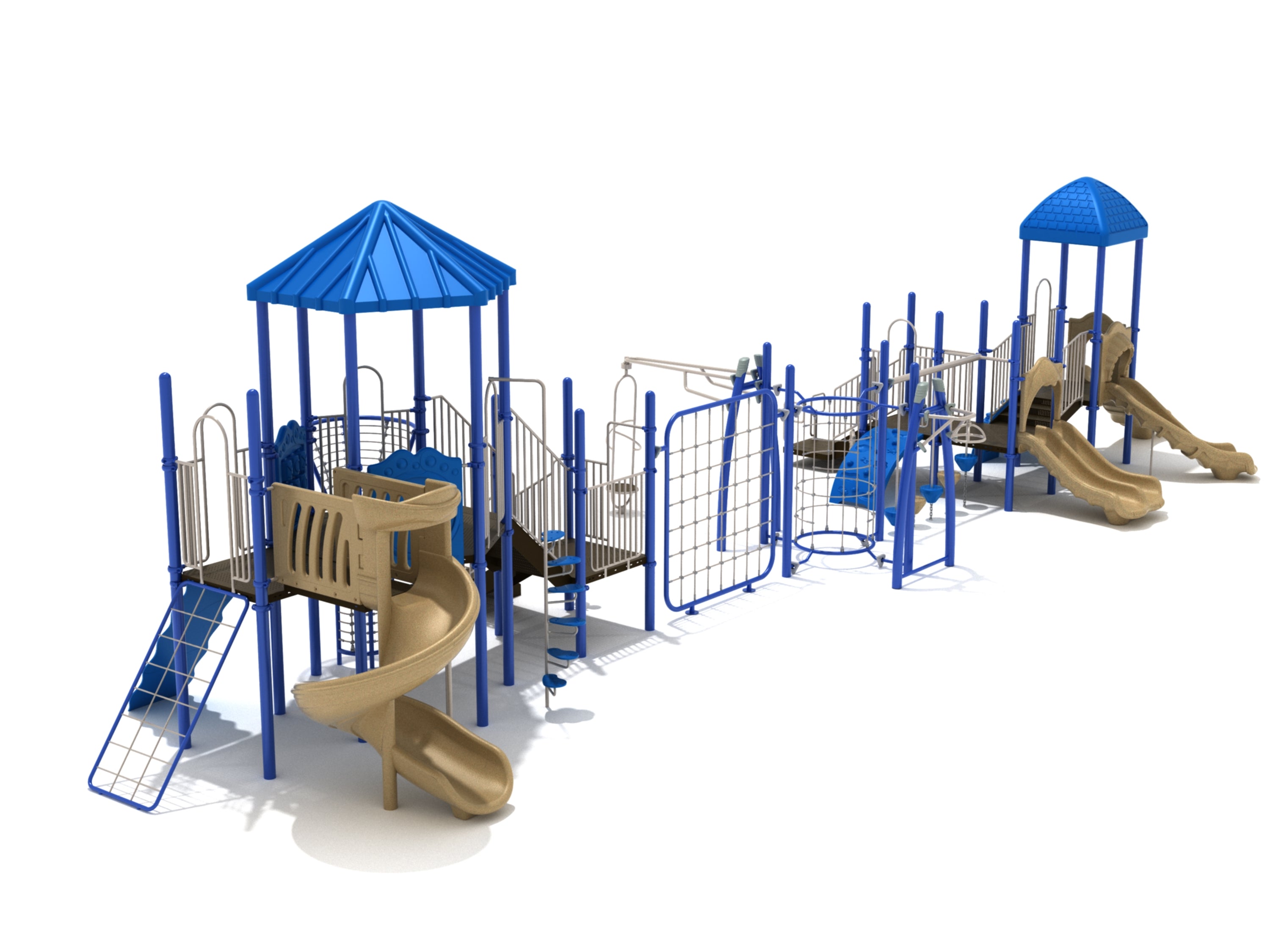 Large blue and tan playground structure with slides, climbers, spinners, bridges for diverse active play and balance development