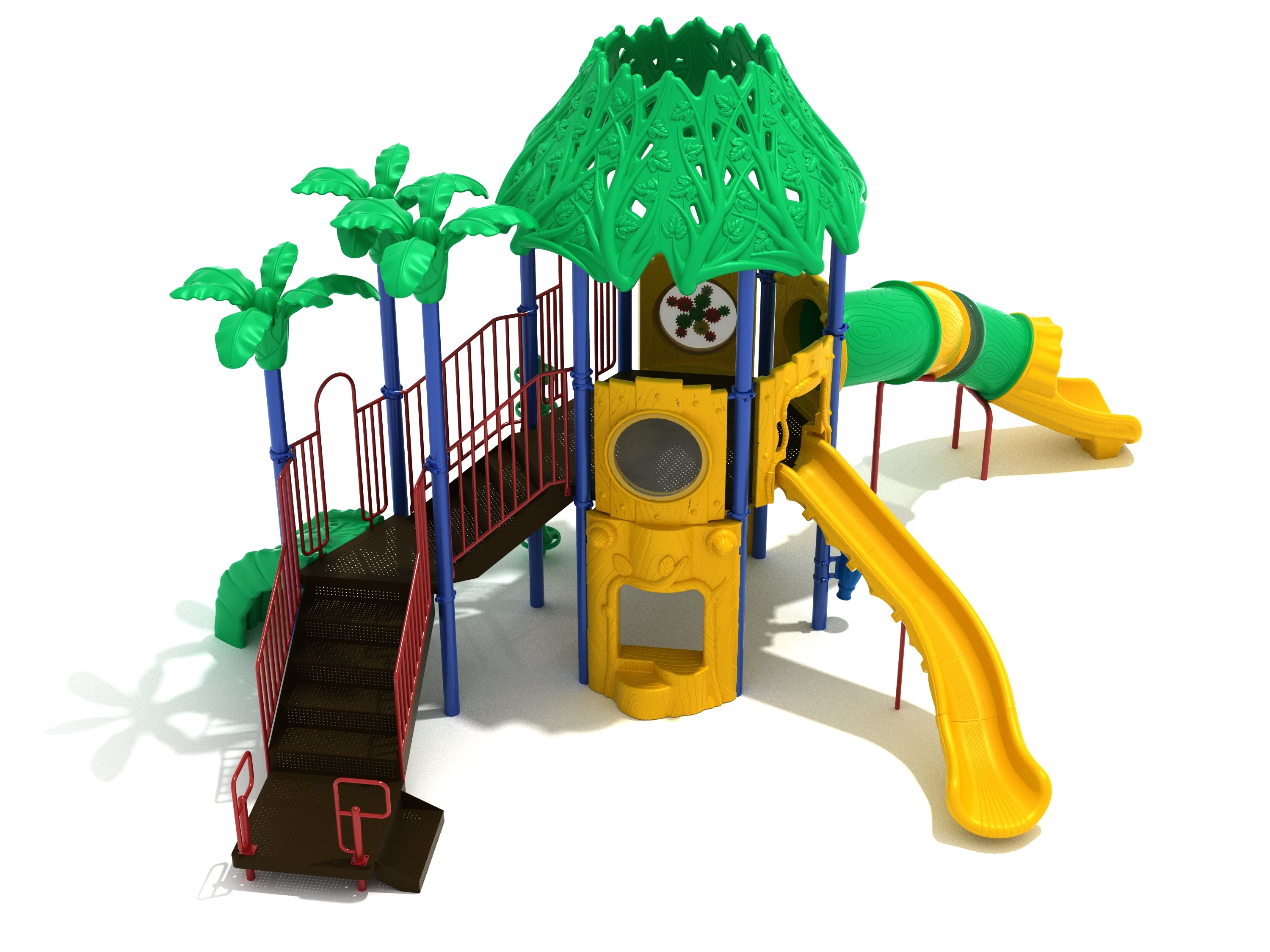 Colorful outdoor playground with yellow slides, red railings, green leafy canopy, and playful palm tree decorations