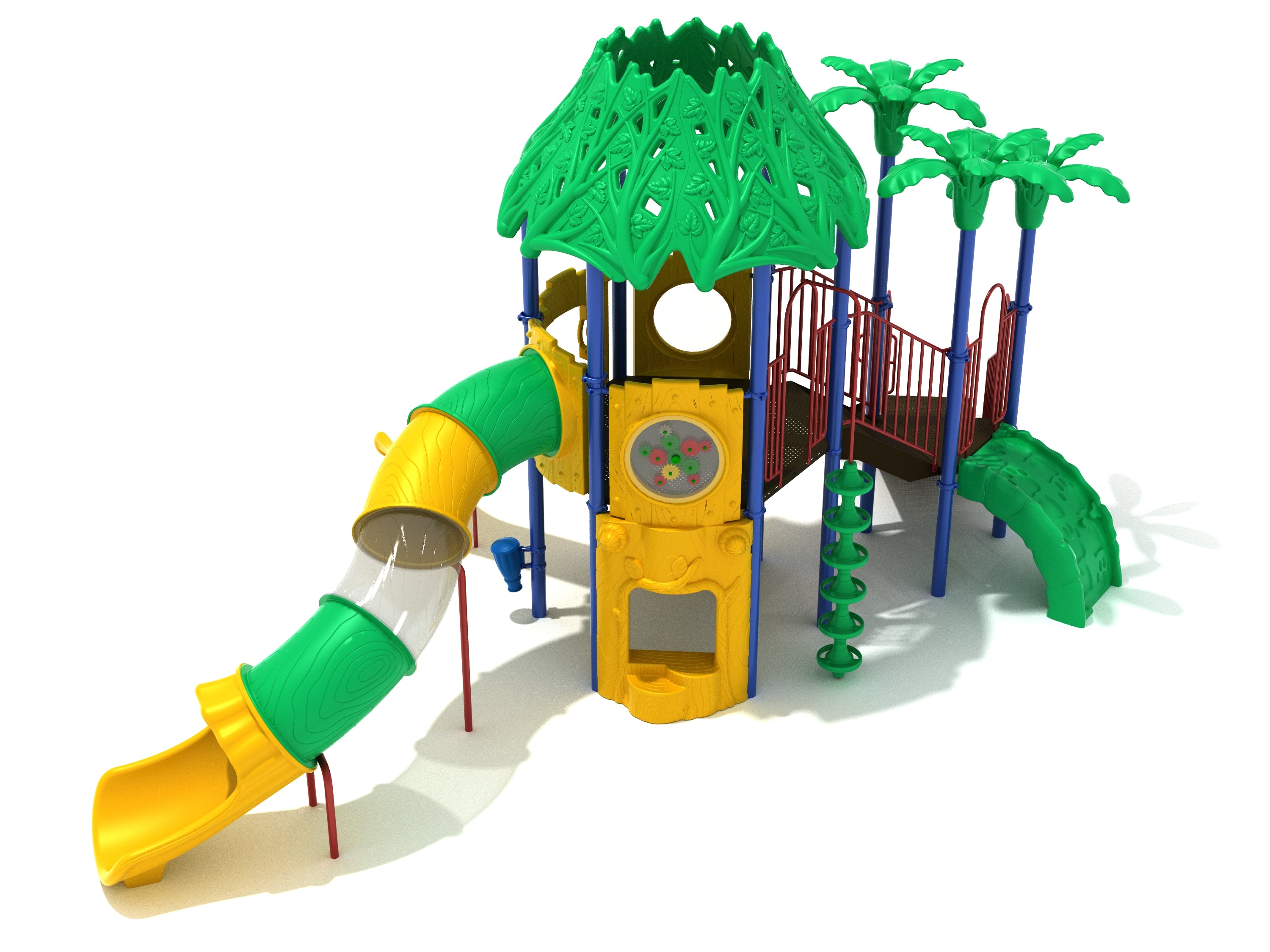 Lumbering Lemur Playground with green leafy roof, yellow and green tube slide, climbing features, and palm tree accents