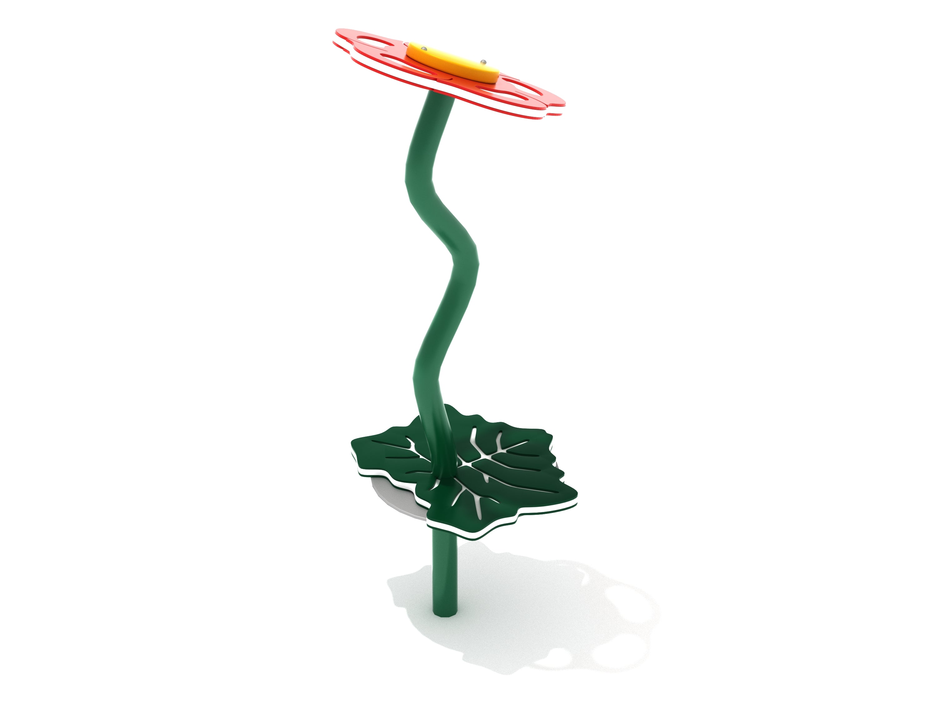 Colorful playground balance beam with red flower top and green leaf base for outdoor coordination and play.