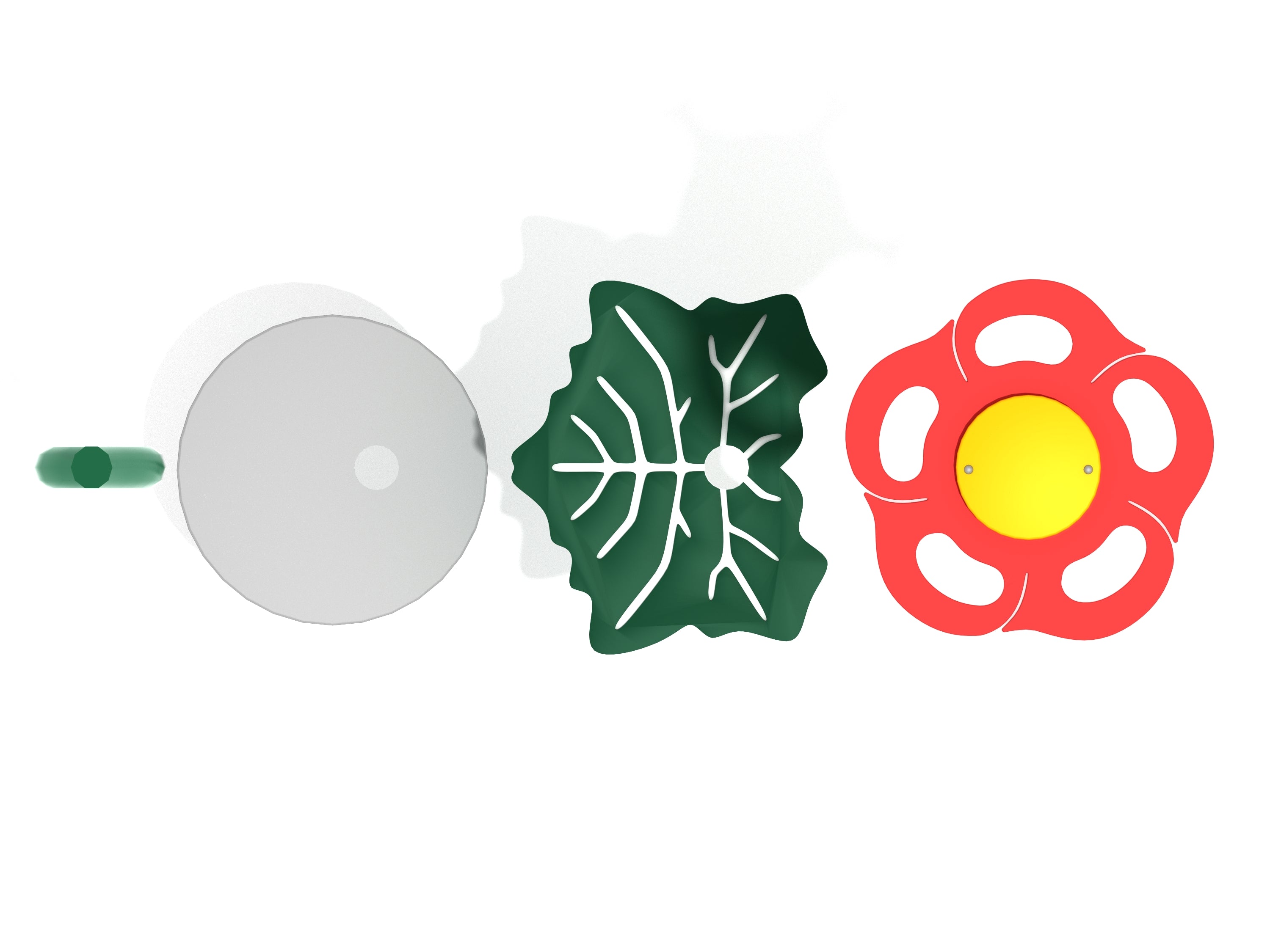 Overhead view of a colorful playground balance beam with a red flower top, yellow center, and green leaf base