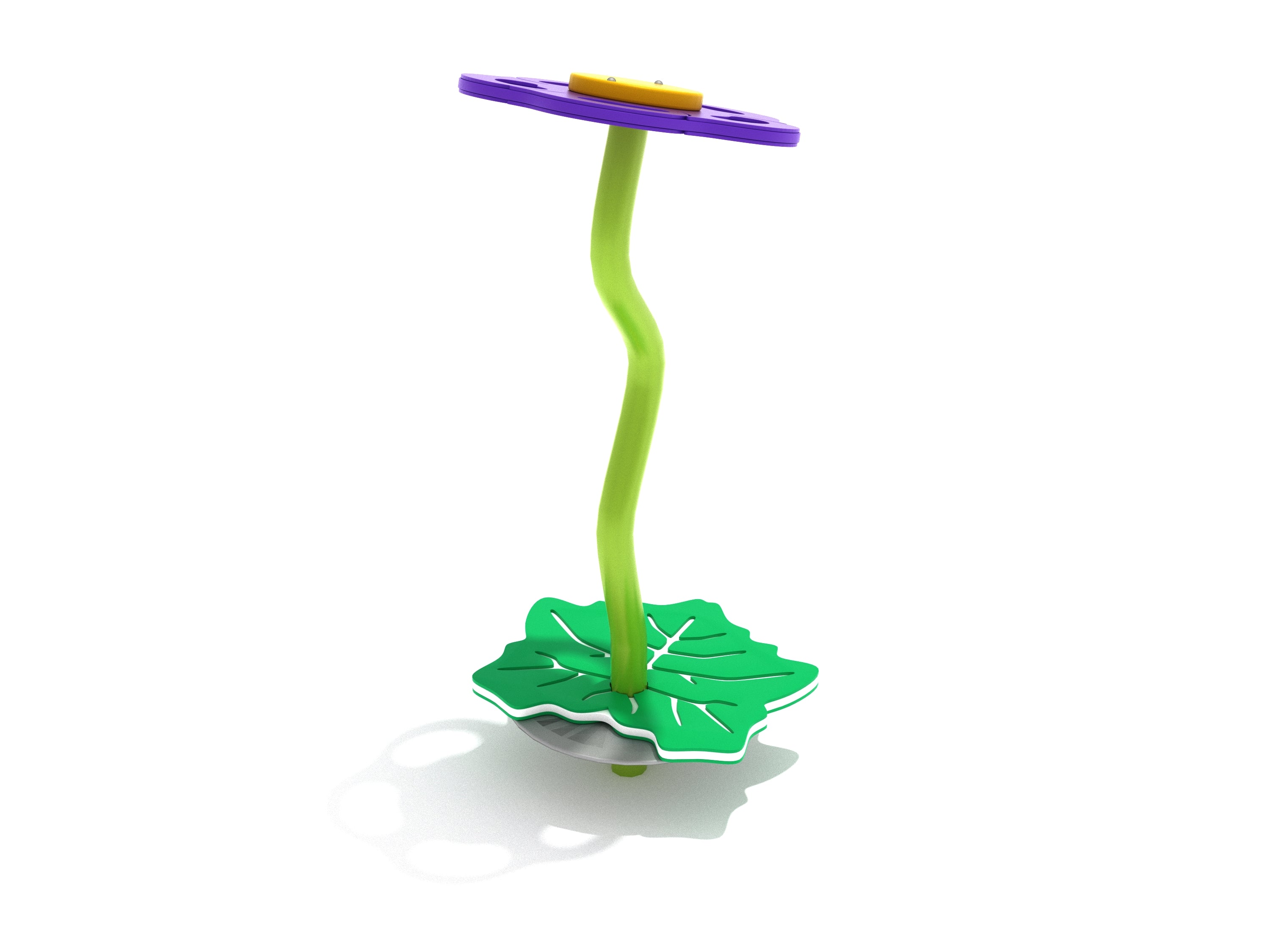 Purple flower-shaped balance beam with yellow center and green leaf base for outdoor playground play.