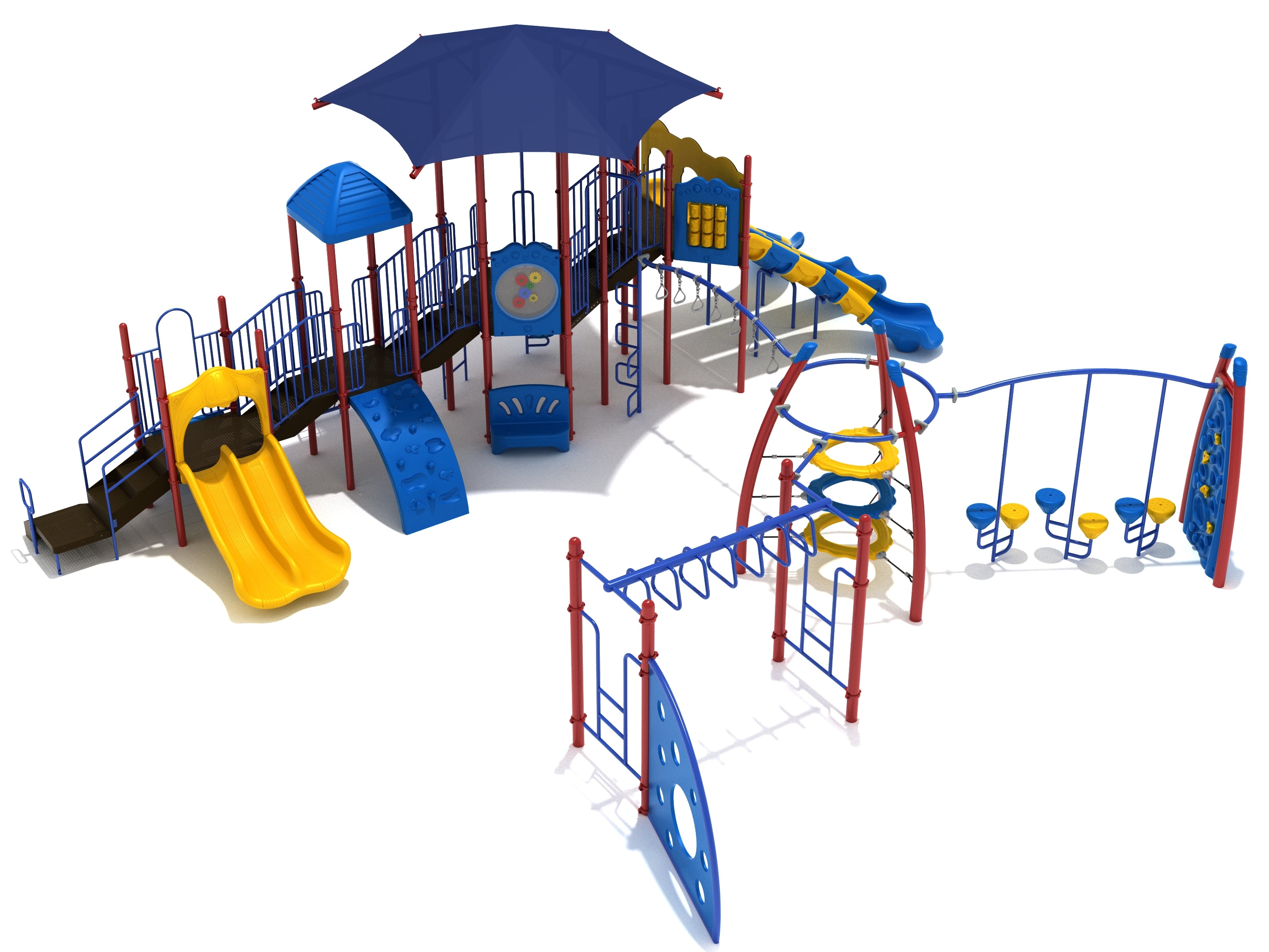 Colorful playground structure with slides, climbing walls, swings, and a shaded platform in blue, yellow, and red