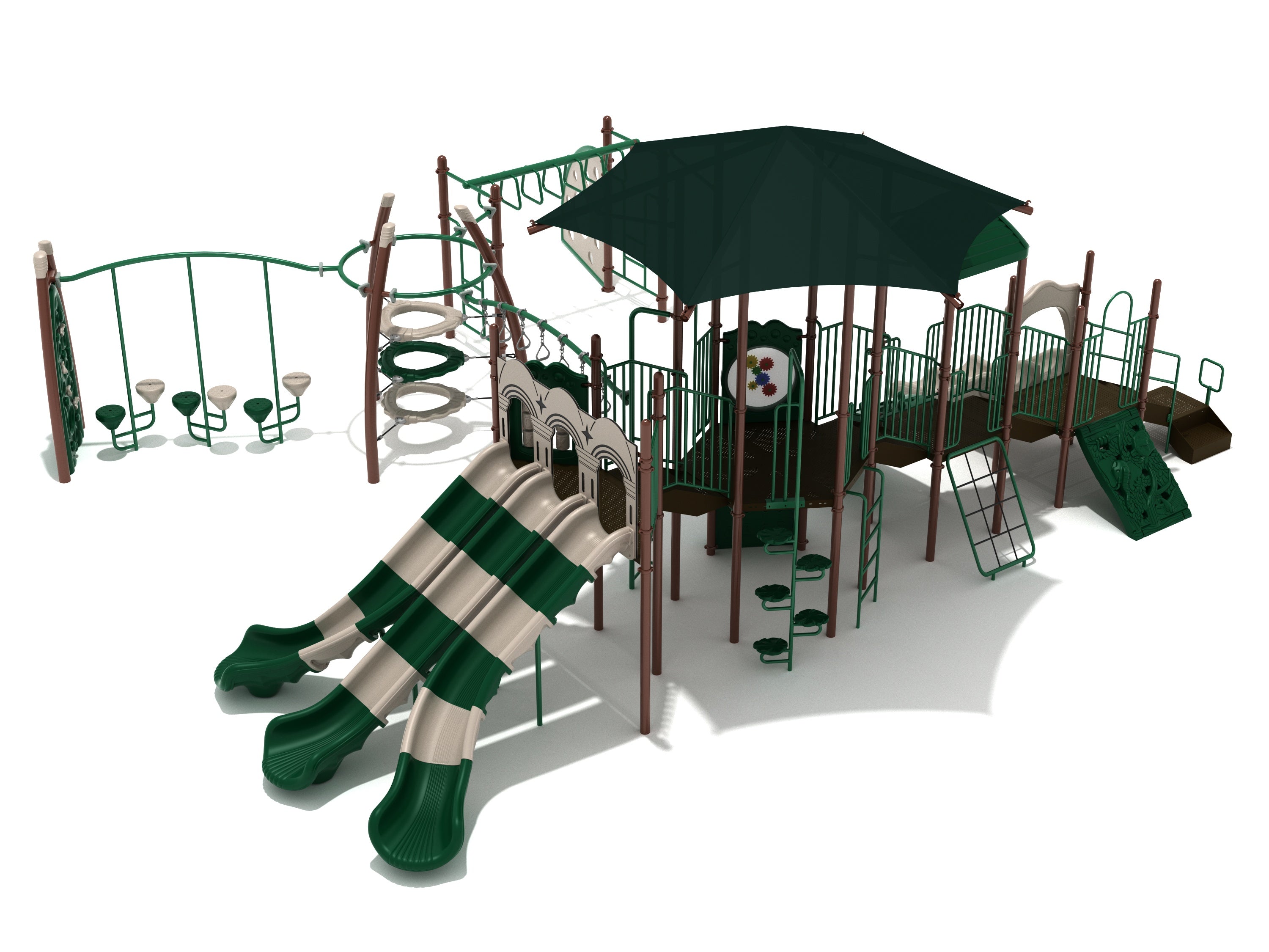 Elevated playground structure with triple slides, climbing elements, shaded canopy, and interactive panels in green and beige.