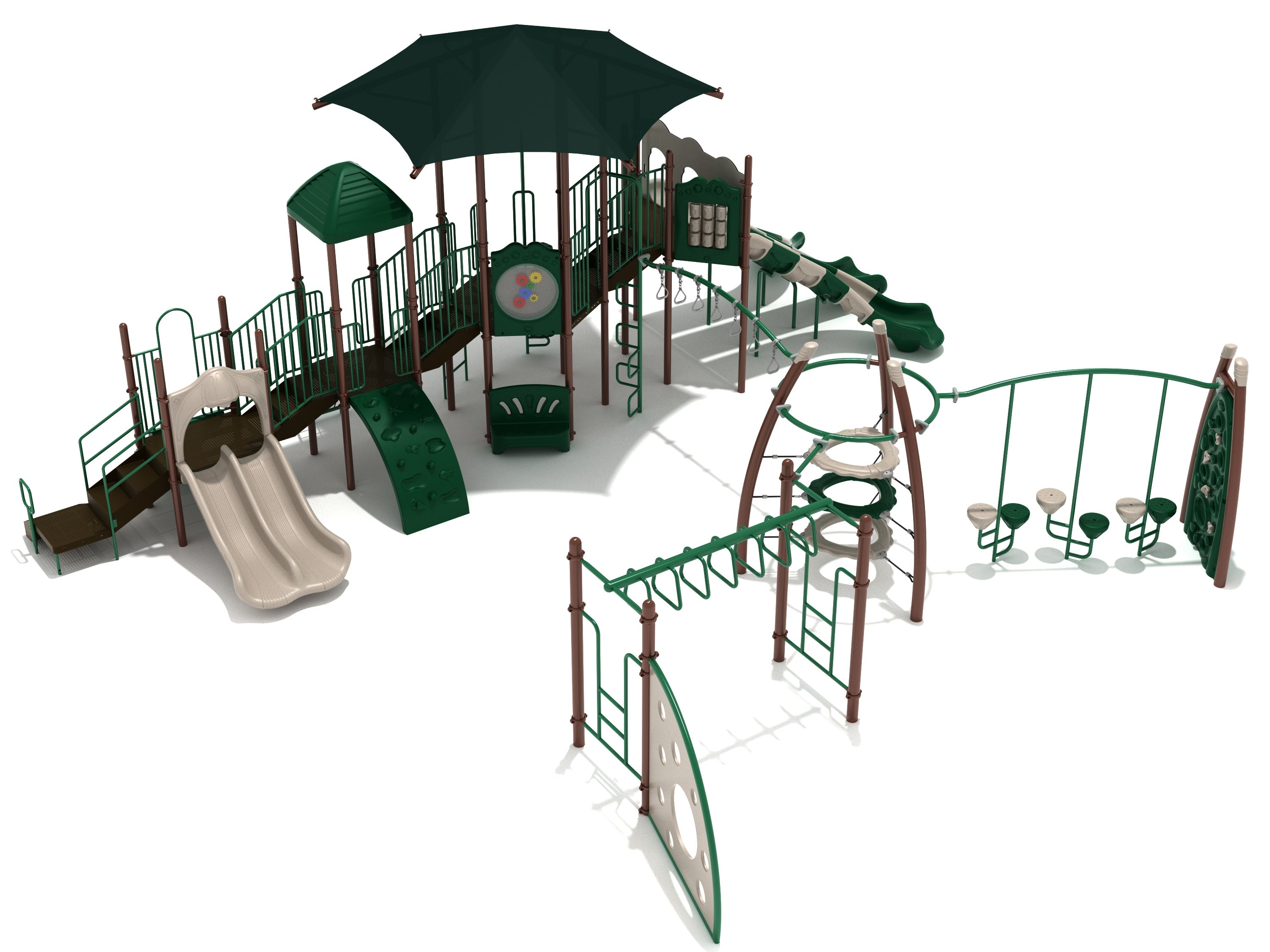 Large playground structure with green and beige climbing elements, slides, swings, and a shaded canopy providing sun protection.