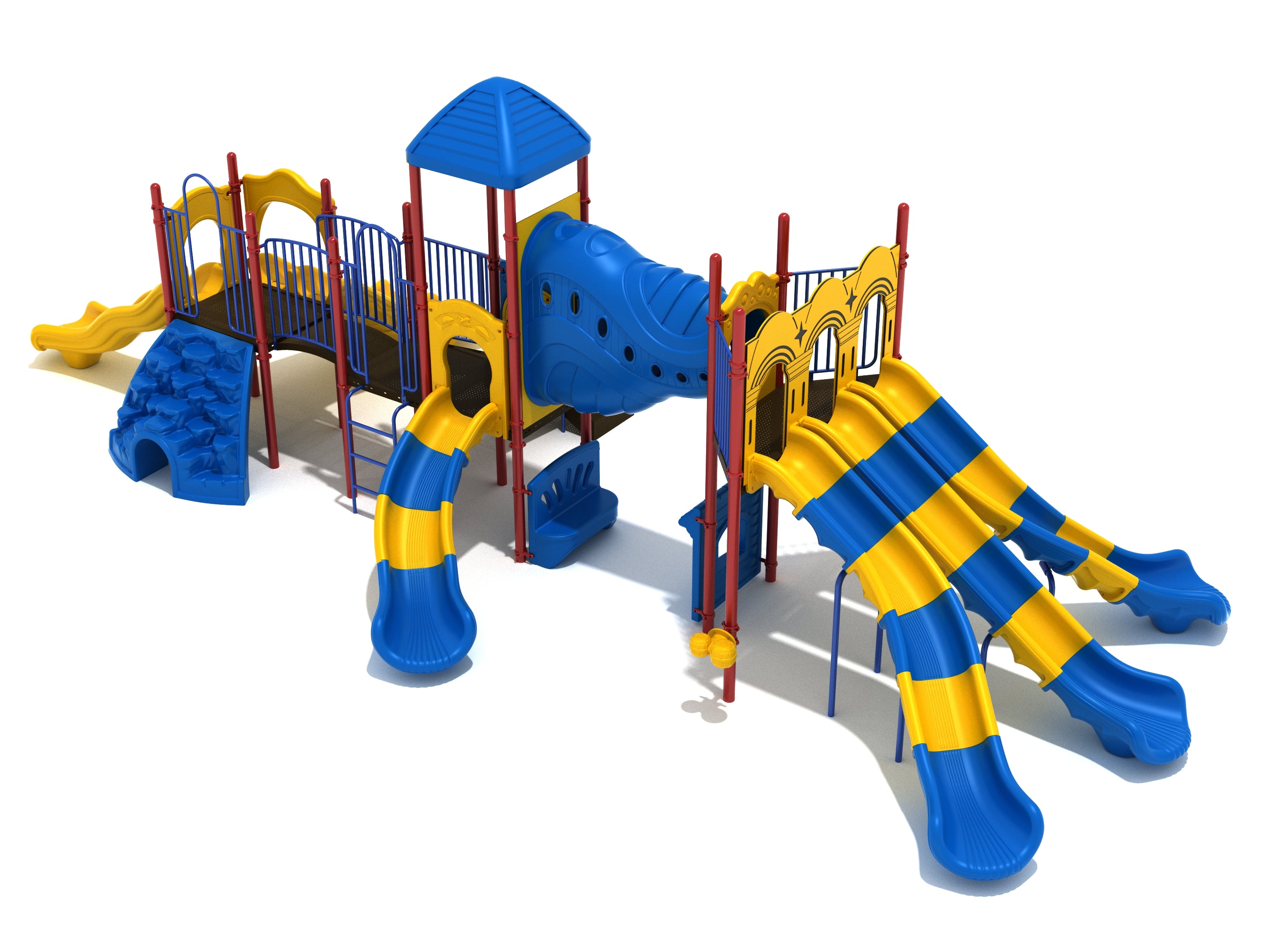 Cactus Corner Playground with blue and yellow slides, climbing wall, tunnel, and interactive activity panels on red and blue frame