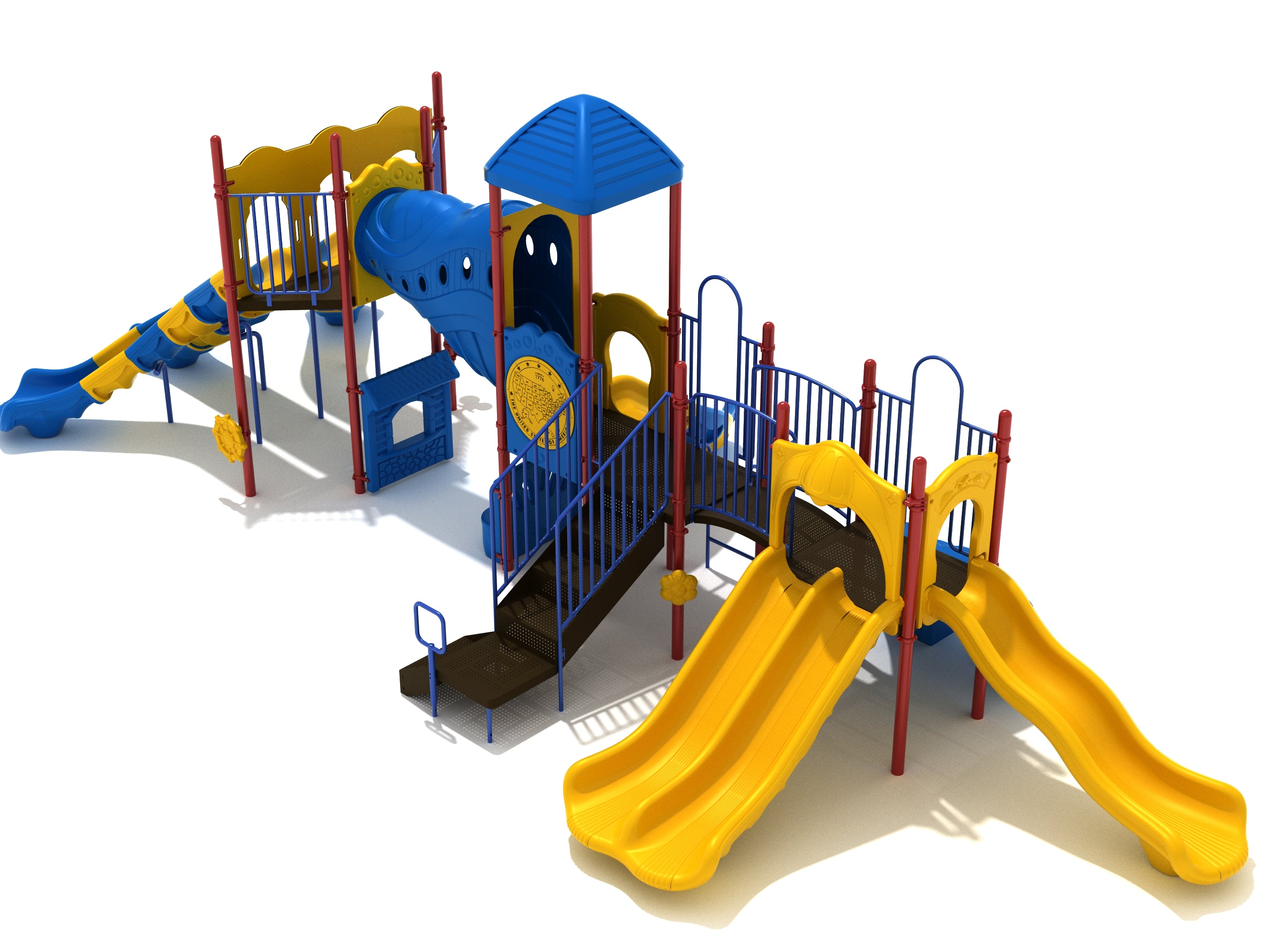 Colorful playground structure with multiple yellow slides, blue climbing tunnel, interactive activity panels, and red support posts