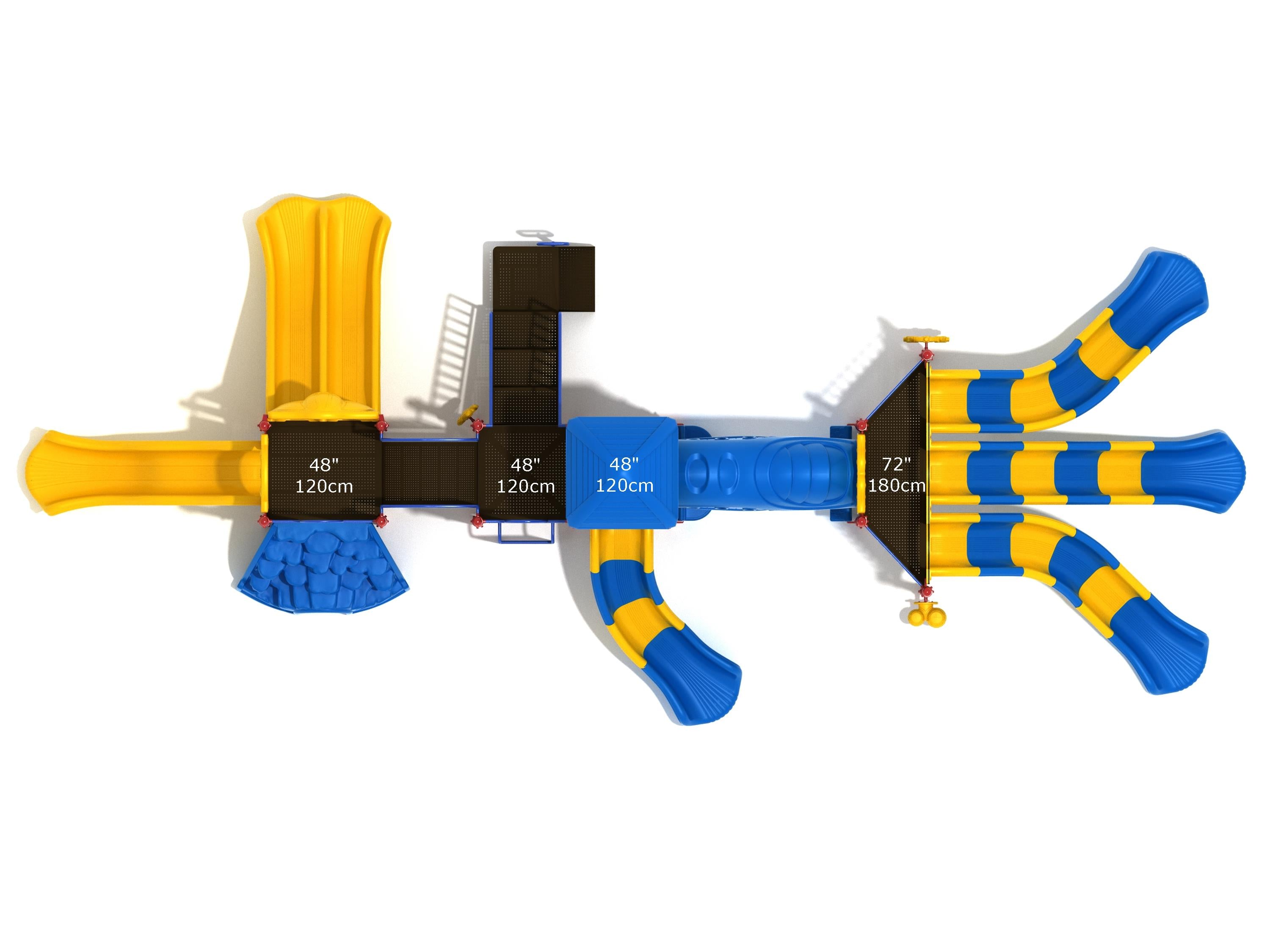 Overhead view of a colorful playground structure with multiple slides, climbing features, and interactive activity panels in blue and yellow.