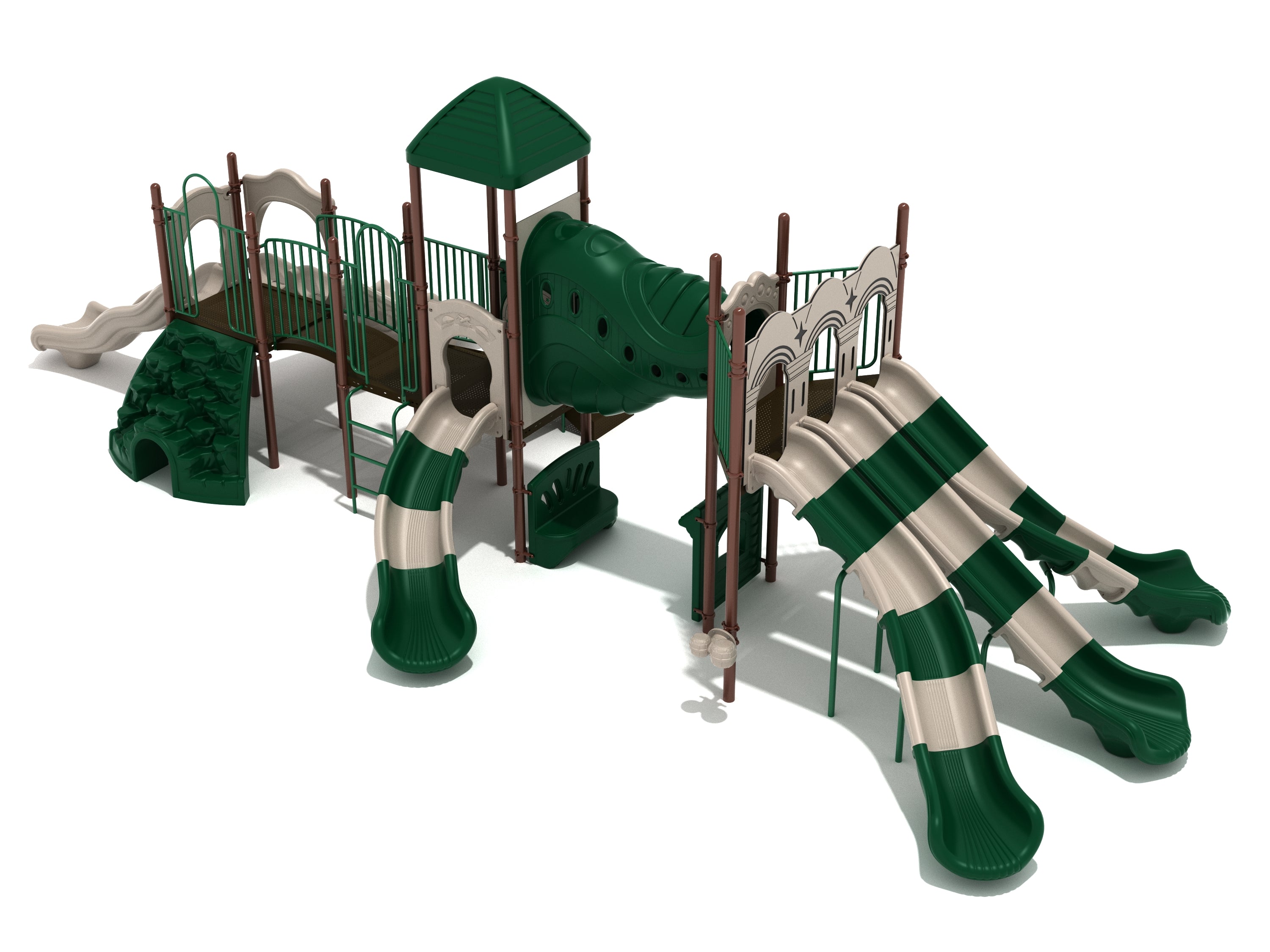 Green and beige playground structure with multiple slides, climbing features, covered platform, and interactive play panels