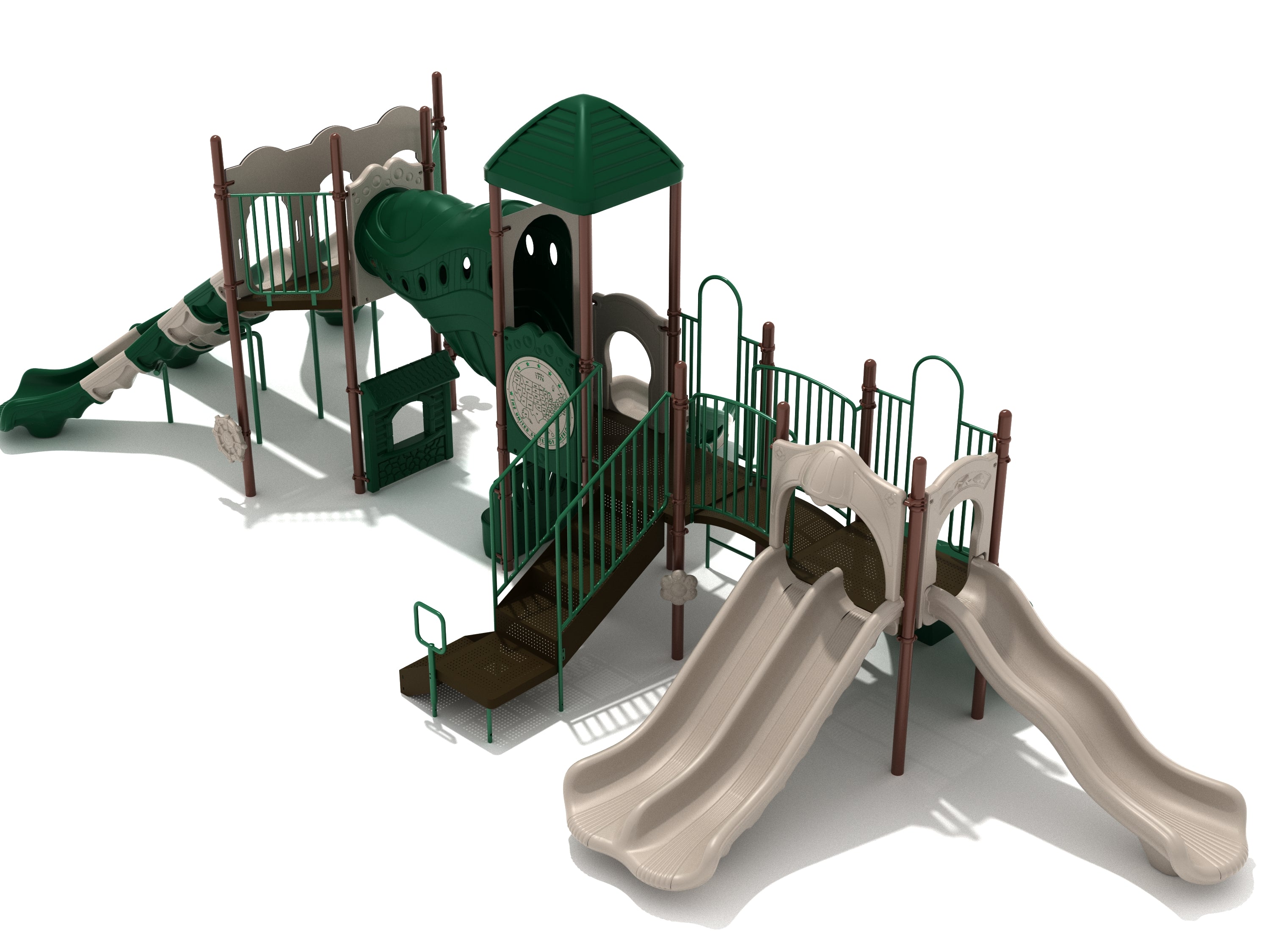 Outdoor playground structure with multiple beige slides, green climbing tunnel, stairs, and interactive activity panels including wheels