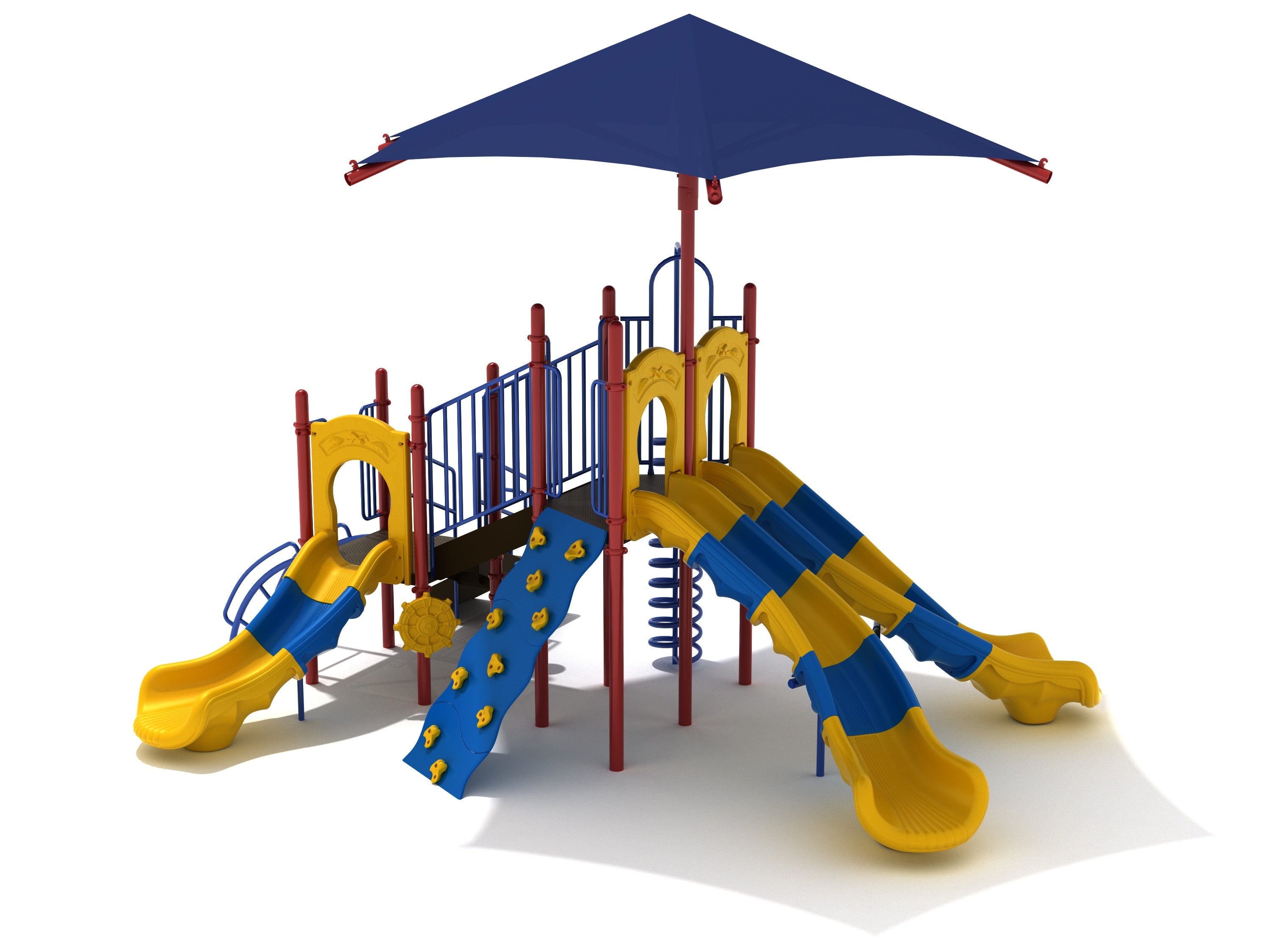 Freedom Falls Playground large play system with blue and yellow slides, climbing wall, ship's wheel, and expansive blue shade canopy