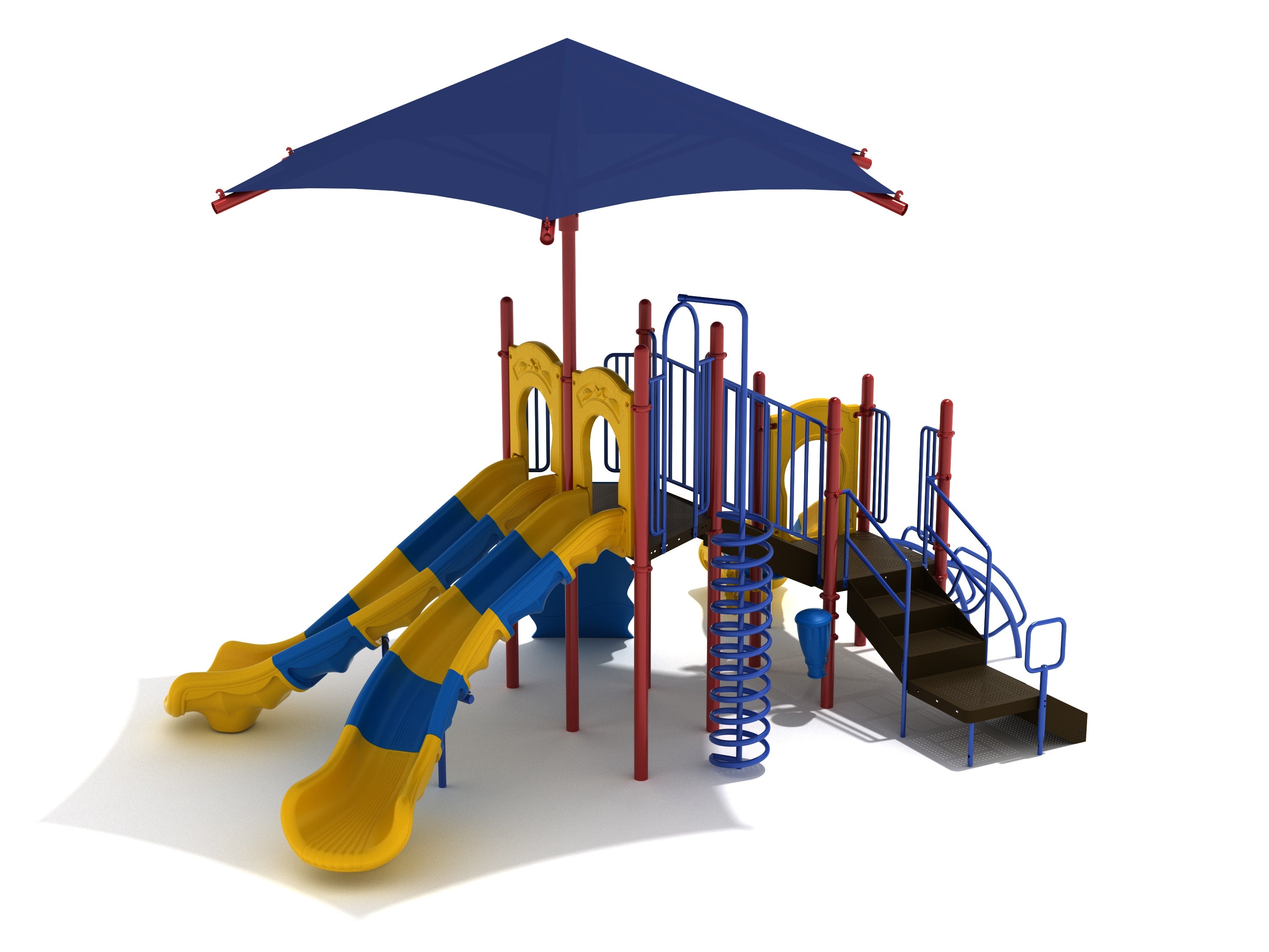Playground structure with dual yellow and blue slides, spiral climbing pole, stairs, and large blue shade canopy