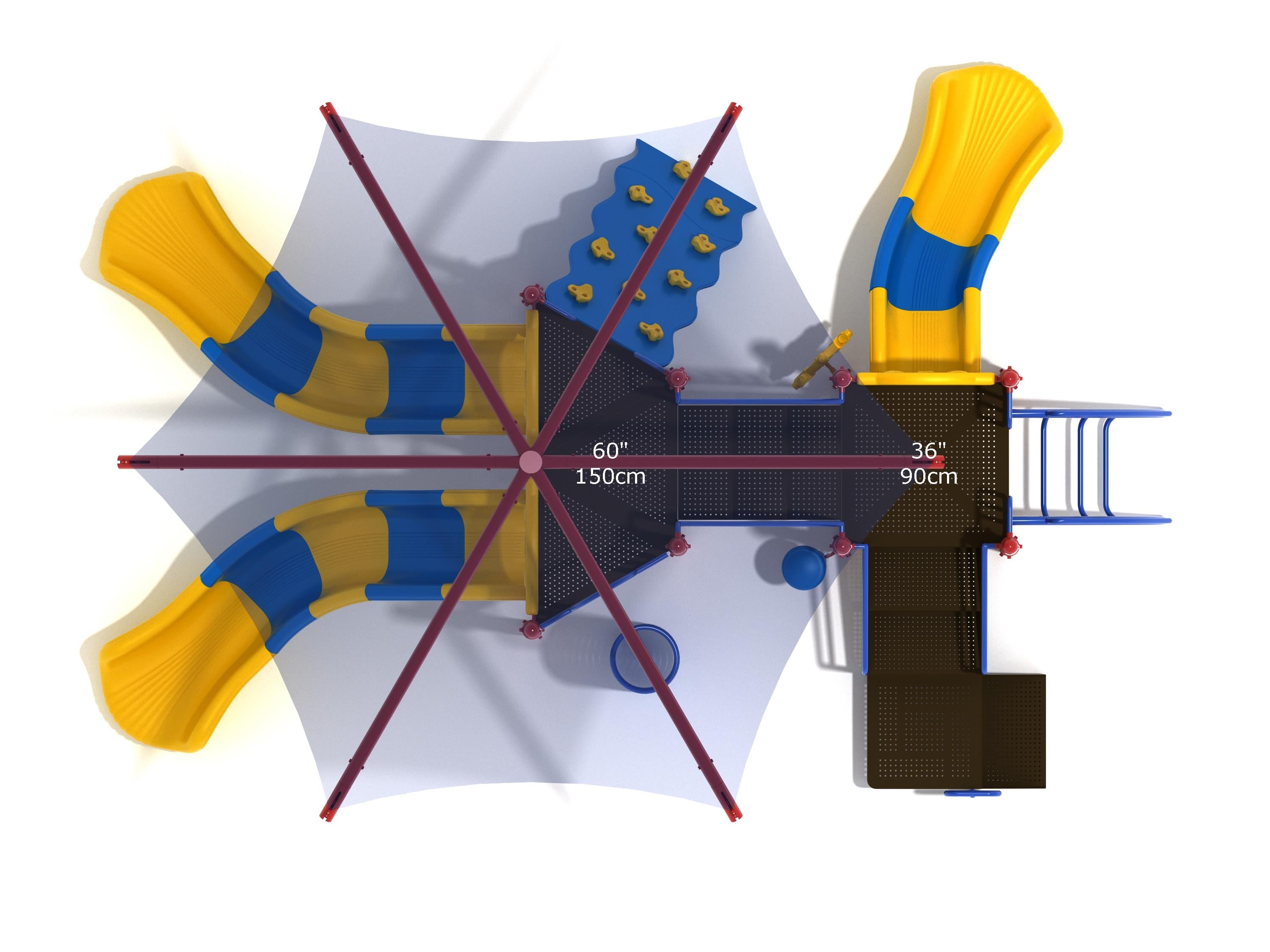 Overhead view of a large playground structure with blue and yellow slides, climbing wall, shaded canopy, and interactive play panels