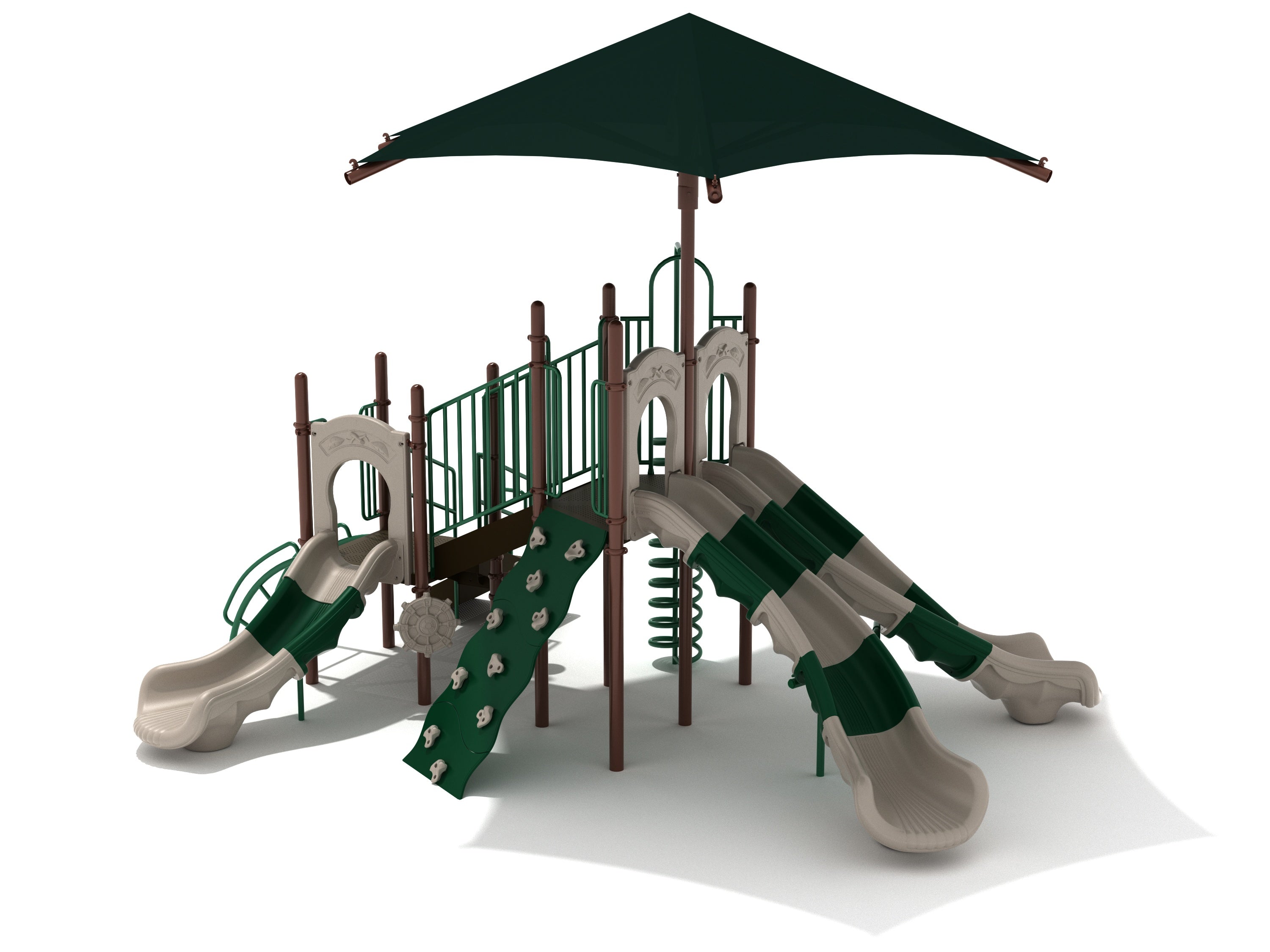 Playground structure with green and beige slides, climbing wall, ship's wheel, and large overhead shade canopy