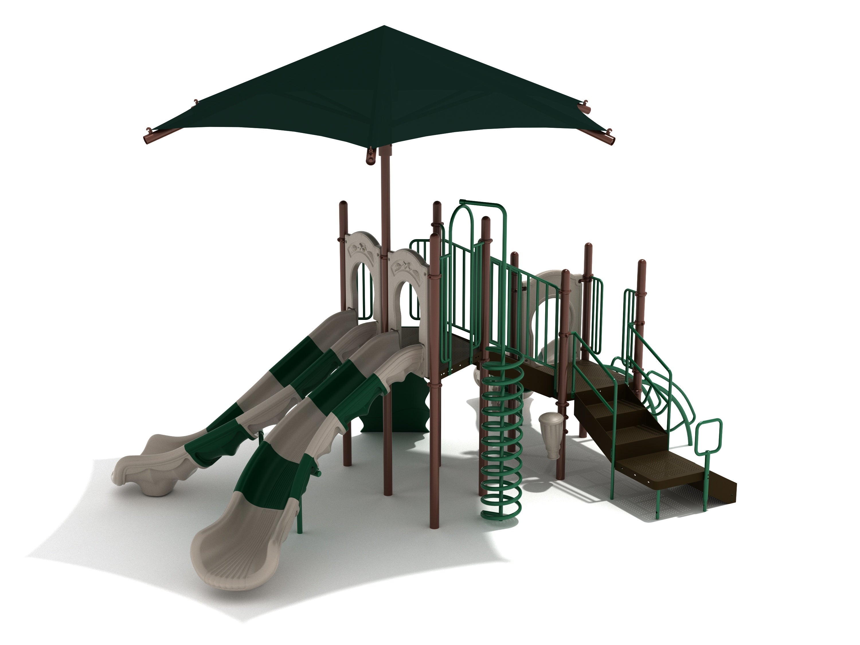 Playground structure with dual curved slides, spiral climber, stairs, and large green-beige shade canopy