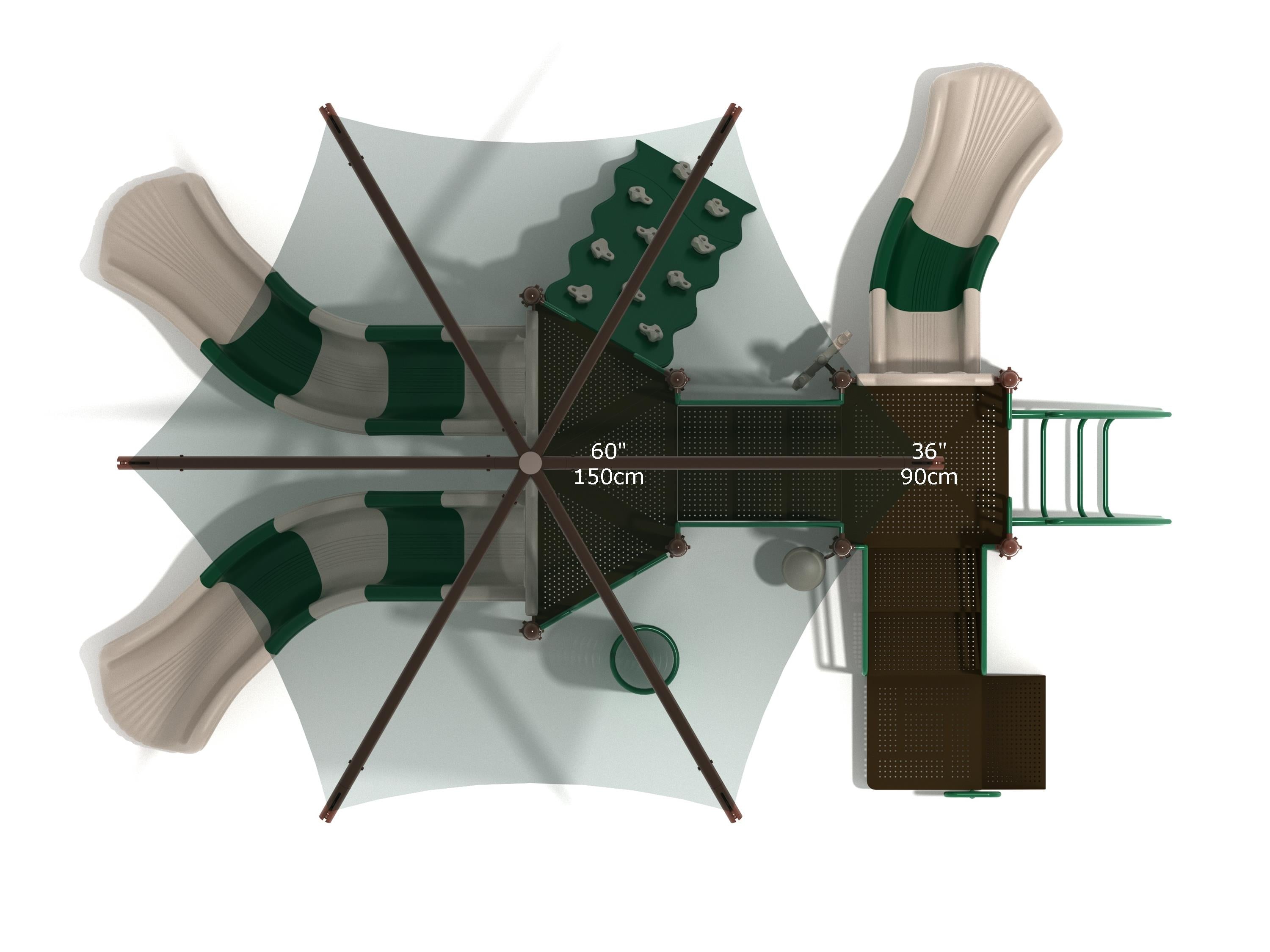 Overhead view of a large playground structure with two curved slides, climbing wall, shaded canopy, and interactive play panels.