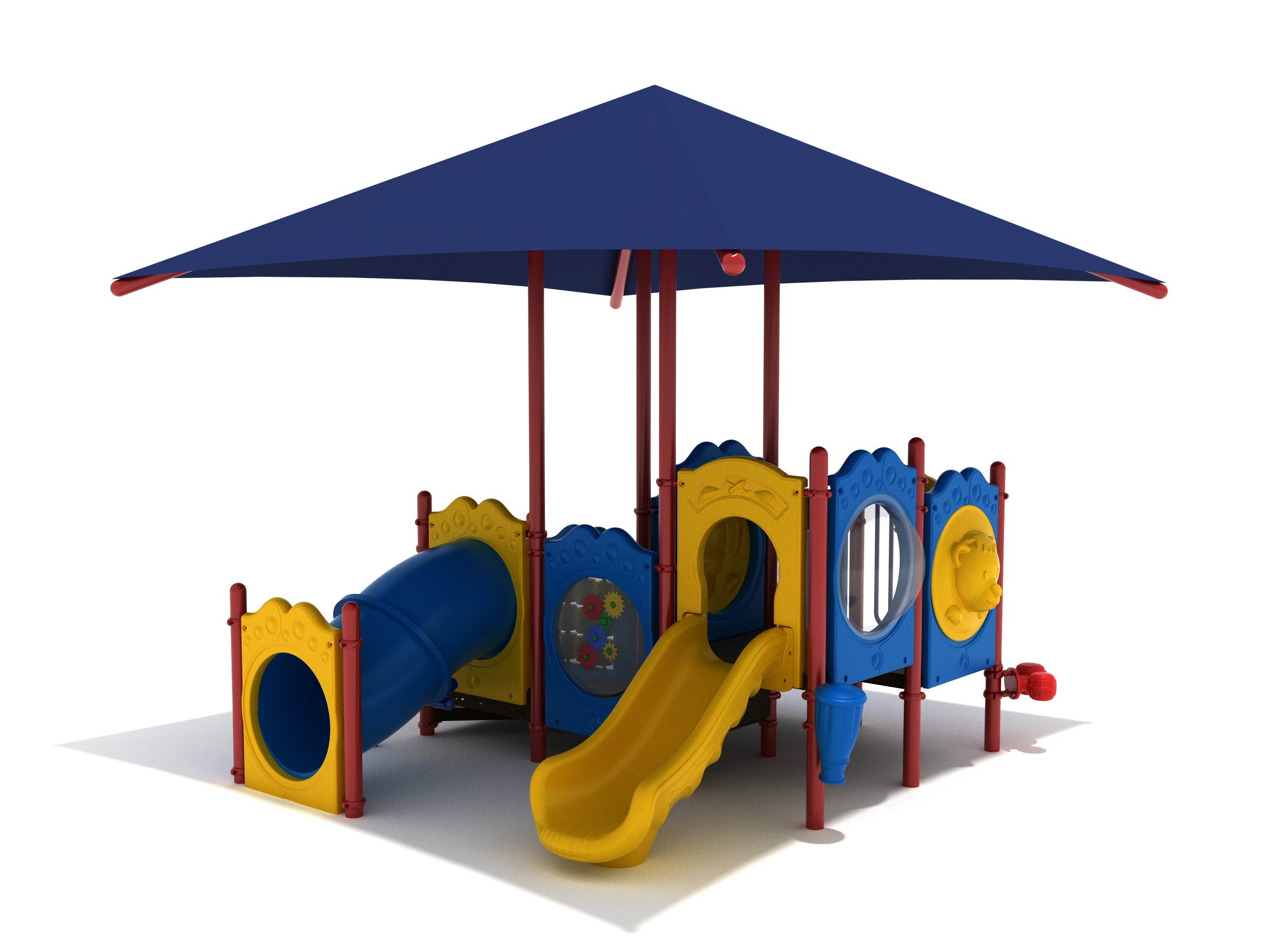 Monument Views Playground toddler play structure with blue shade canopy, yellow slide, blue tunnel, bongos, ship’s wheel, and interactive panels