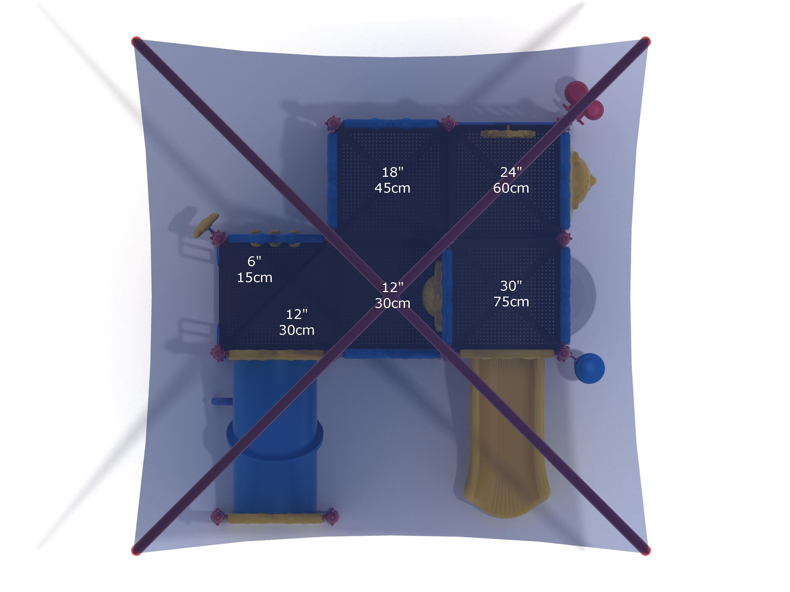 Overhead view of toddler playground with blue platforms, yellow slide, blue tunnel, musical panels, and large shade canopy