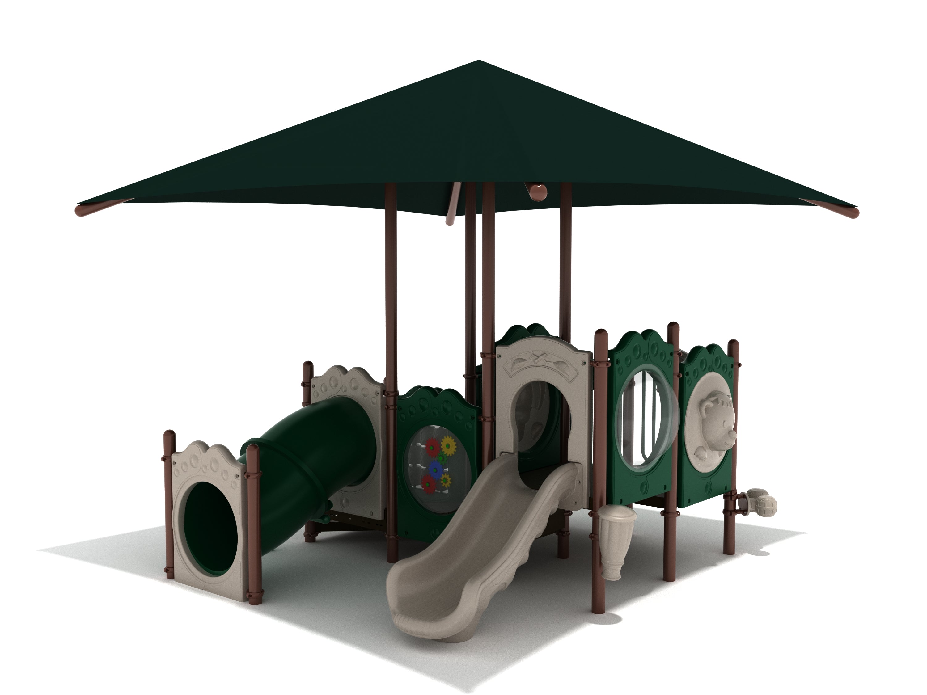 Toddler playground structure with slide, tunnel, interactive musical panels, ship’s wheel, and large green-beige shade canopy