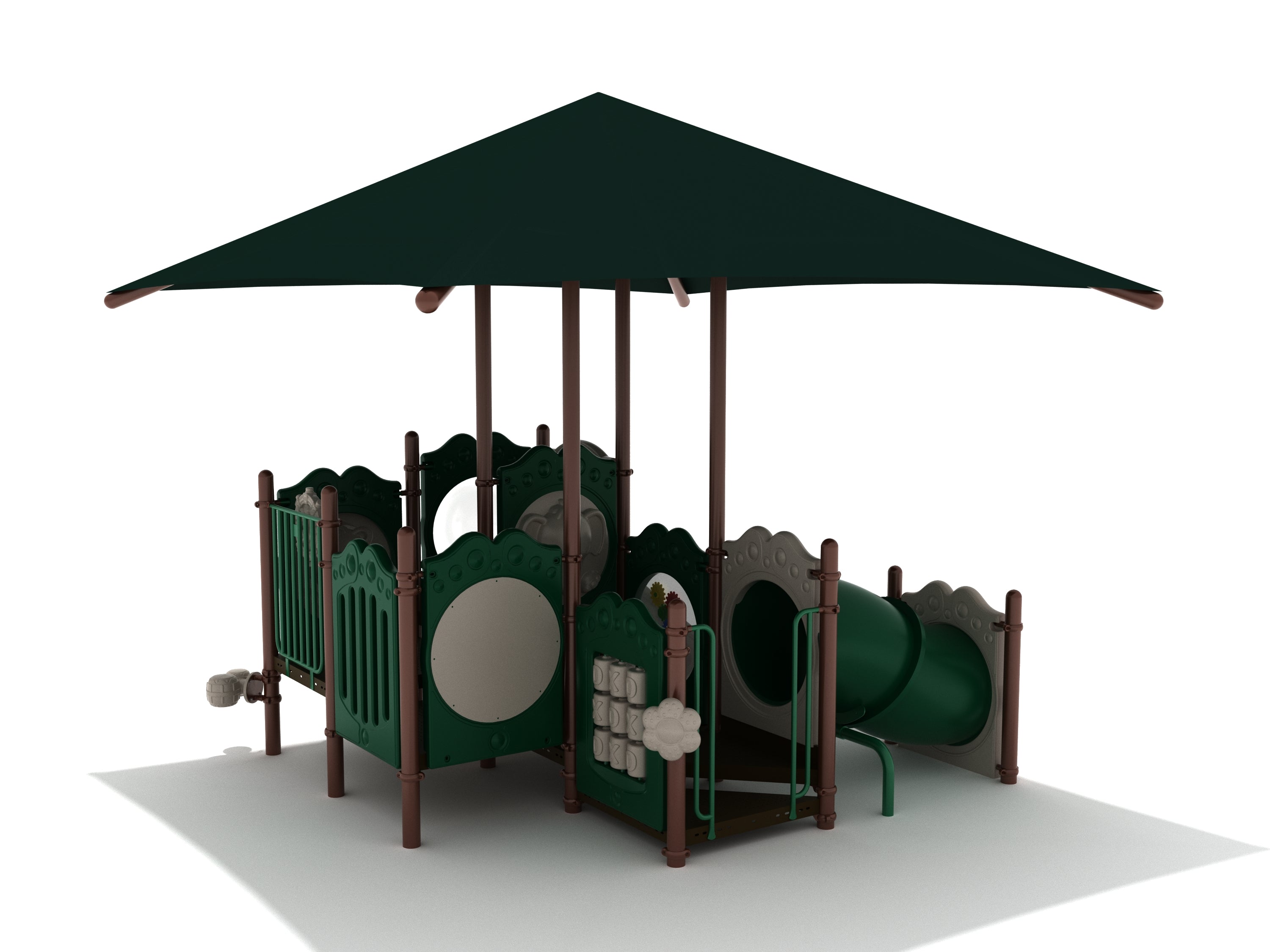 Toddler playground structure with green panels, interactive musical elements, tube slide, ship’s wheel, and large shade canopy