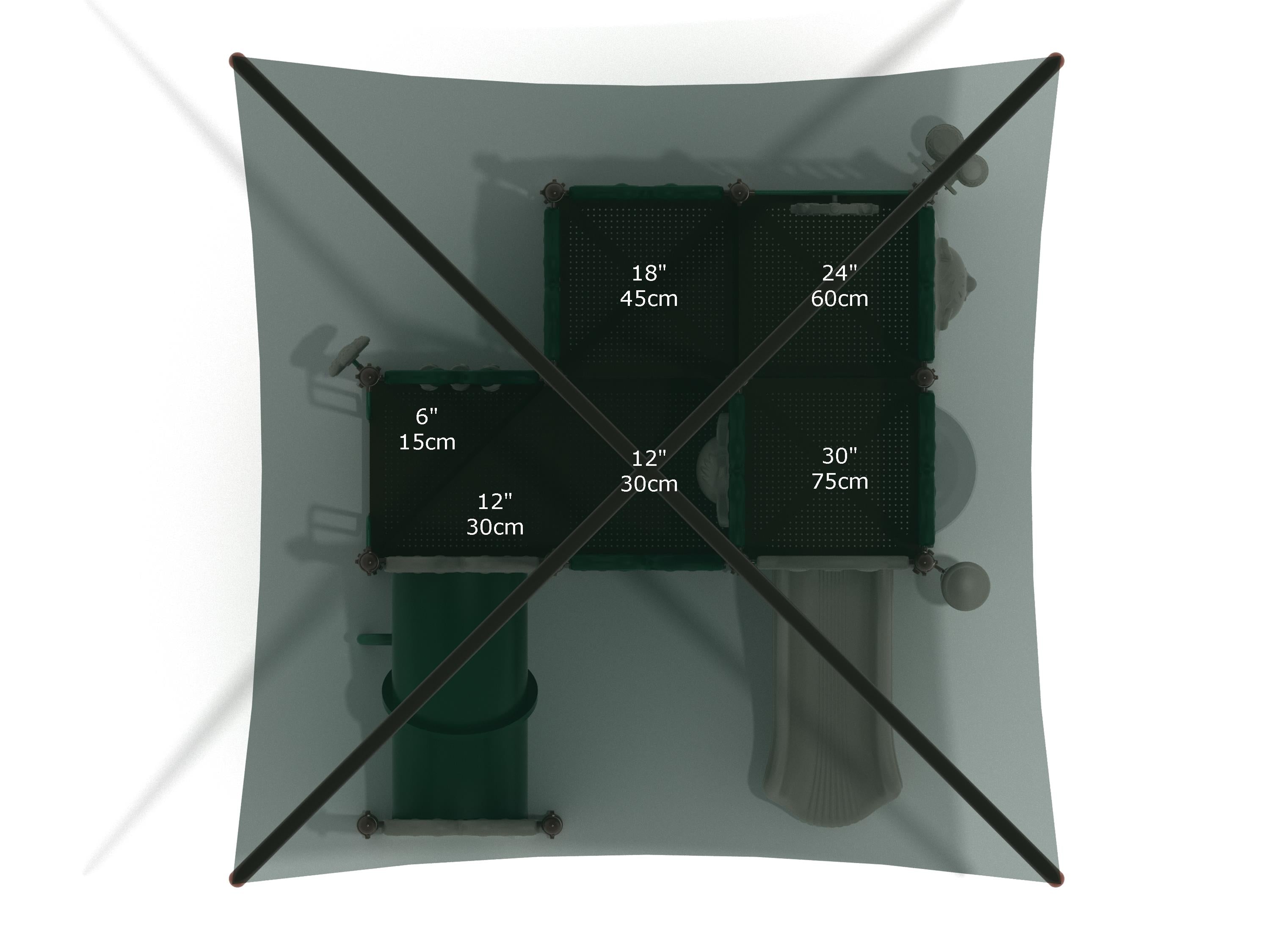 Overhead view of toddler playground with shaded canopy, slide, tunnel, interactive panels, and musical play features