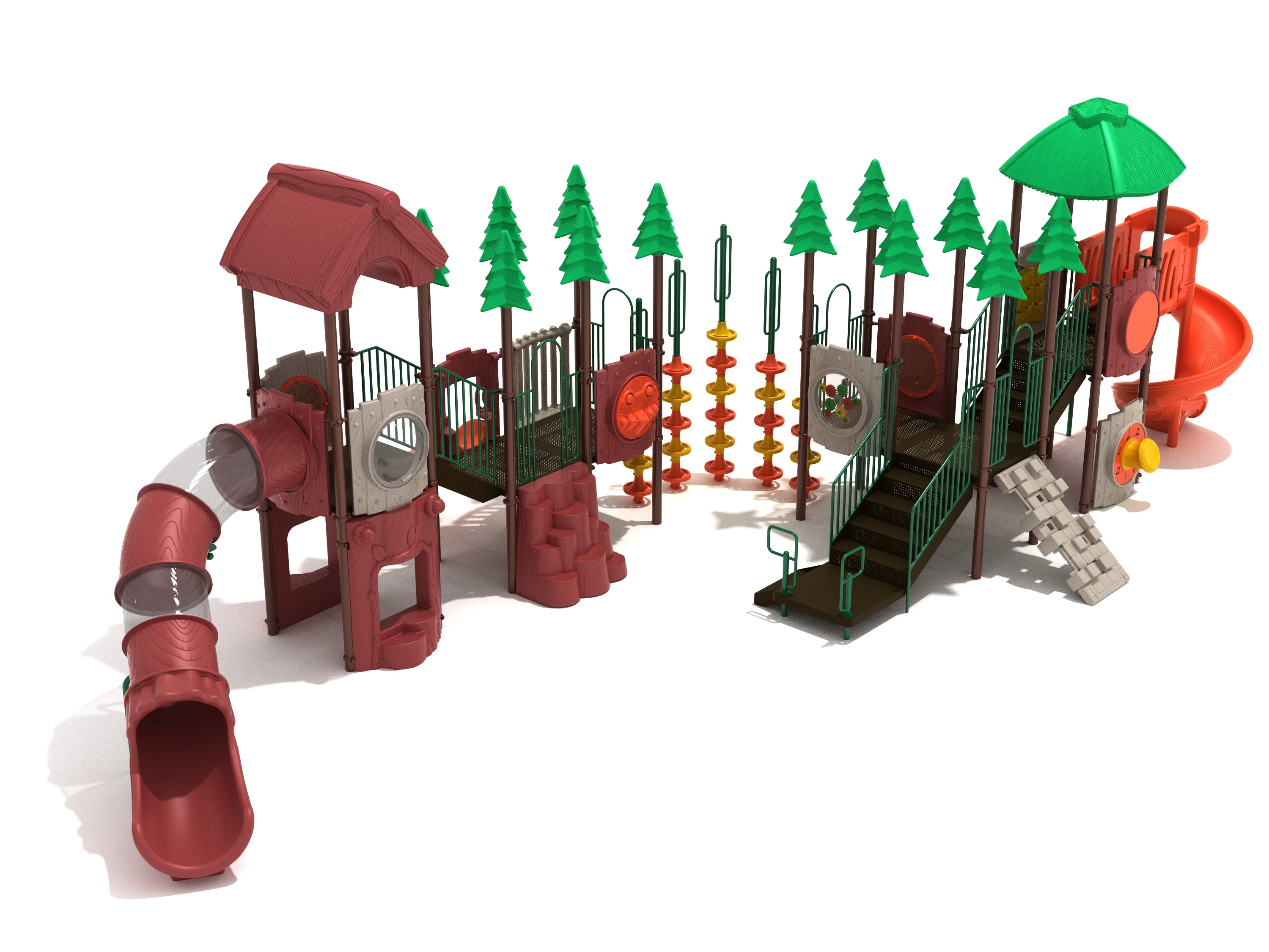 Outdoor playground with slides, climbing walls, interactive panels, and colorful tree-shaped accents in red, green, and yellow.