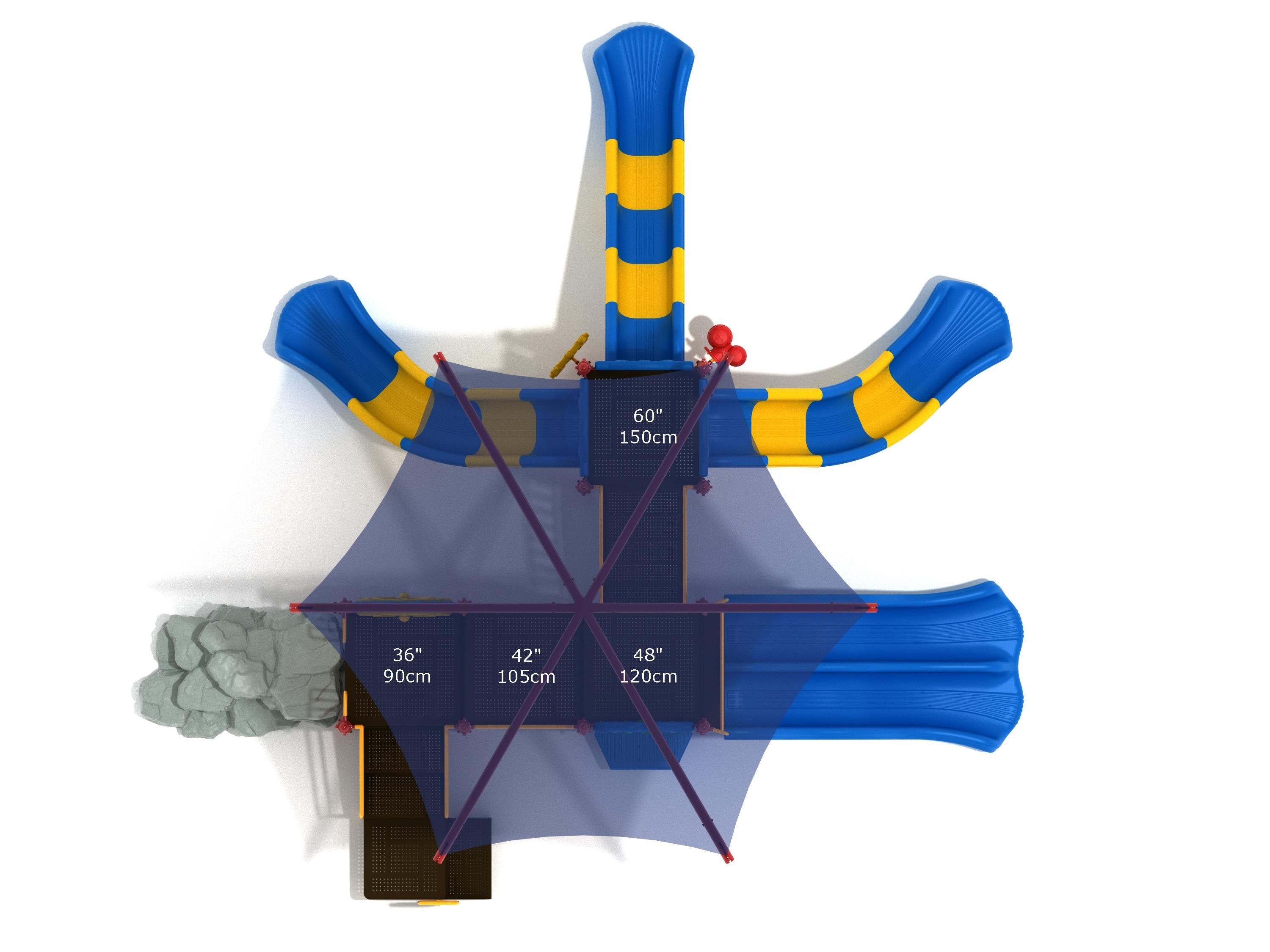 Overhead view of a blue and yellow playground structure with multiple slides, a shade canopy, a rock climber, and interactive play panels