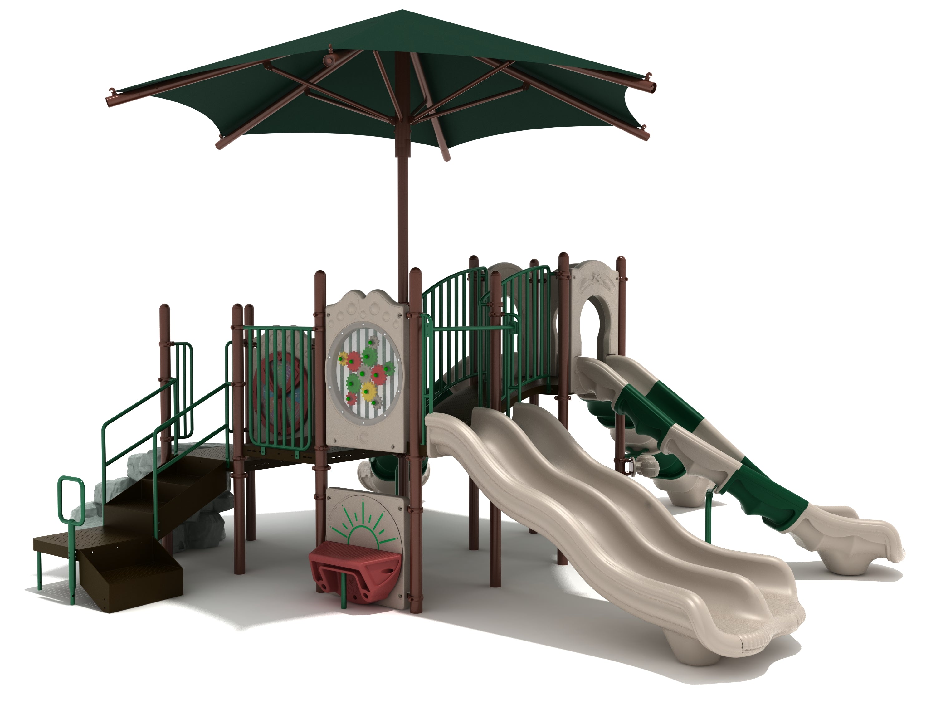 Playground with dual beige slides, green climbing boulder, interactive panels including ship’s wheel and bongos, shaded by large green canopy