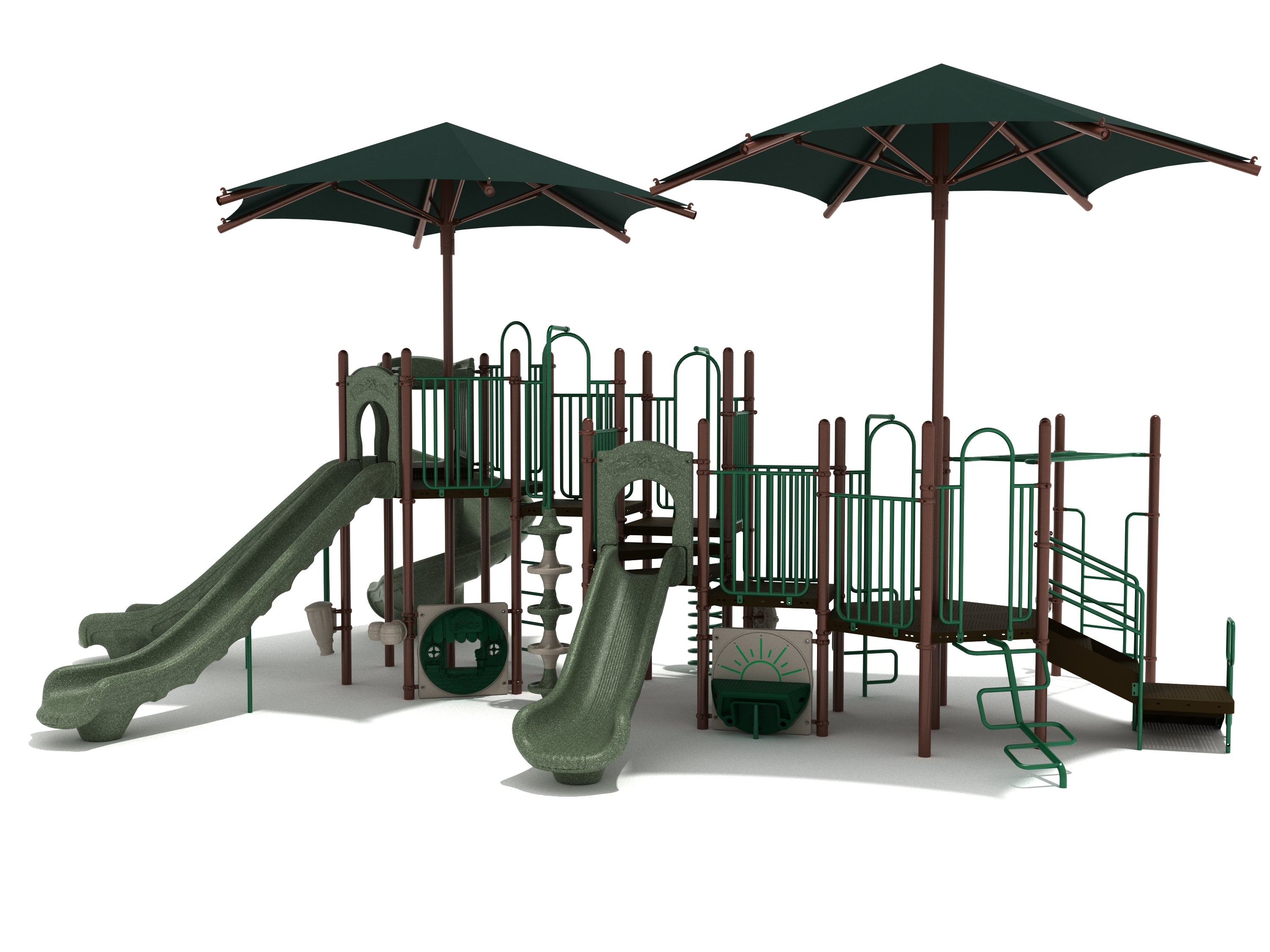 Commercial playground structure with green and brown slides, ocean-themed climber, figure climber, ship’s wheel, and overhead shade canopies