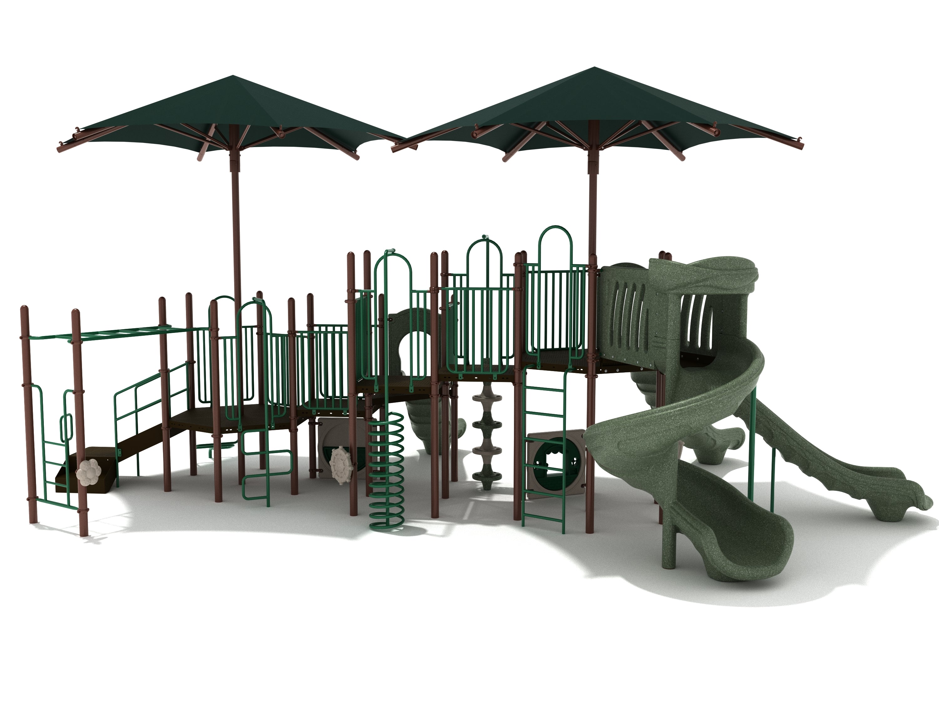 Large commercial playground with green slides, climbing elements, and two large overhead shade canopies