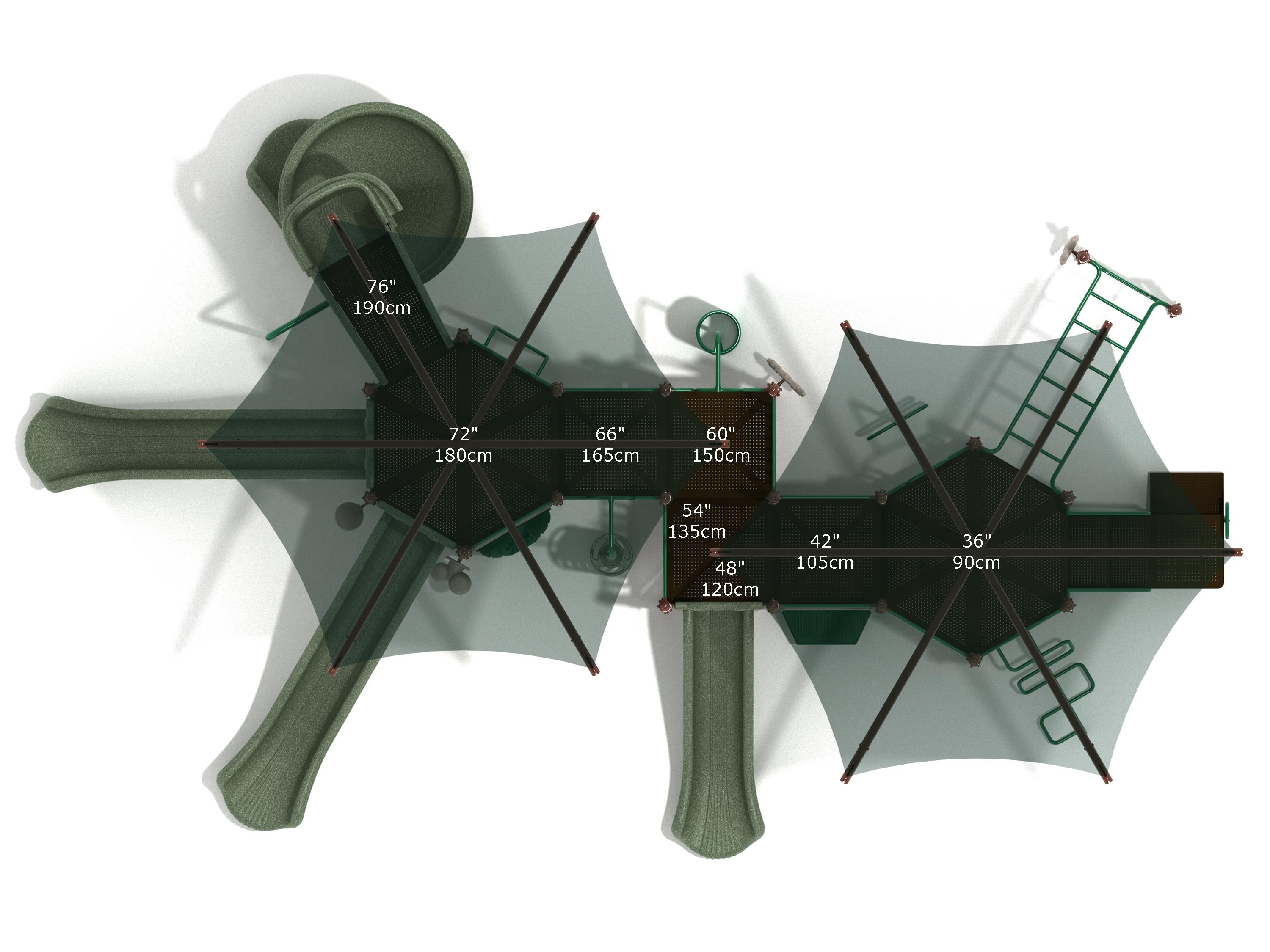 Overhead view of a large playground with multiple slides, climbing structures, shade canopies, and a ship’s wheel.