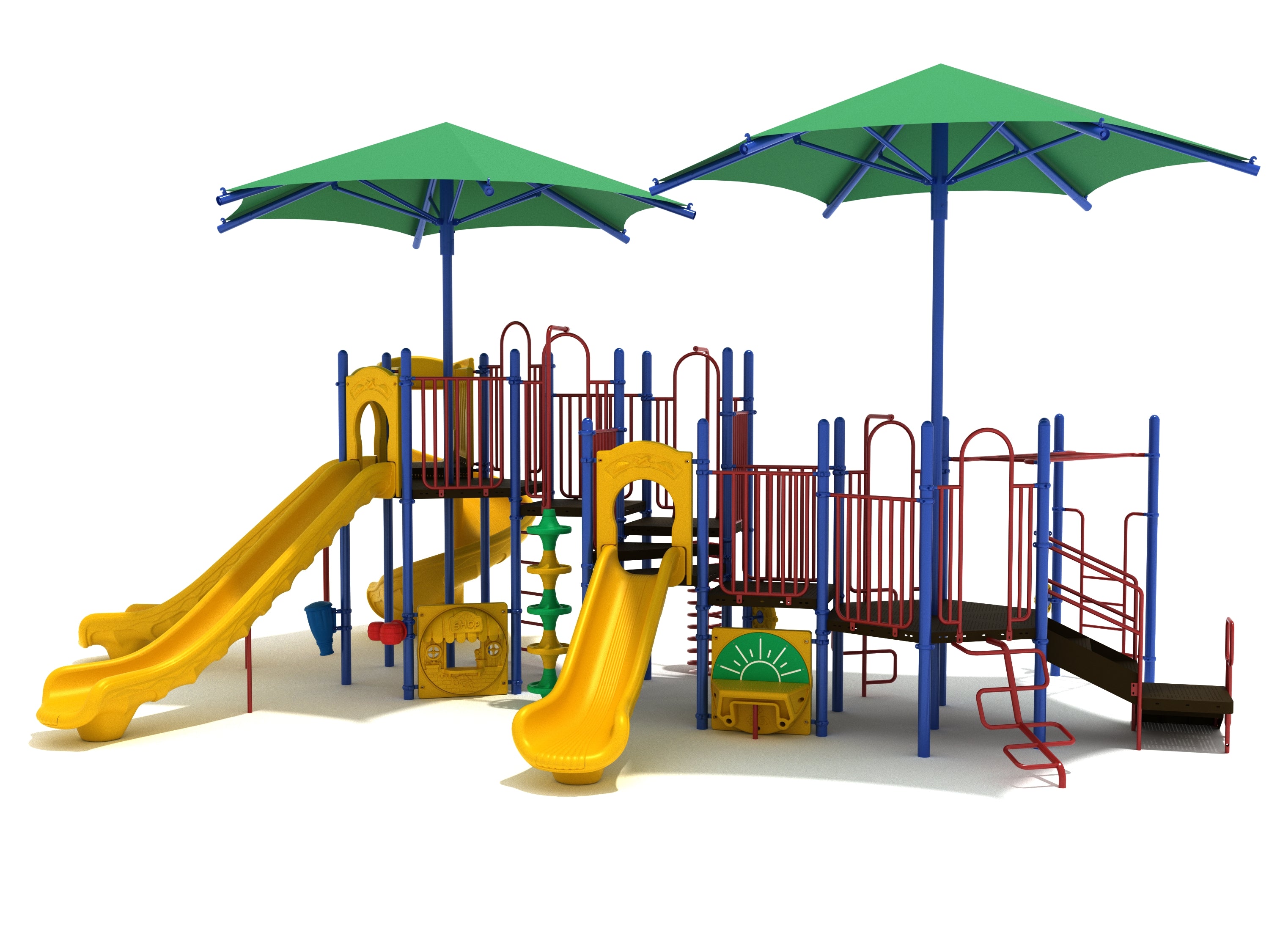 Shady Sands Playground with yellow slides, blue and red climbing structures, green overhead shade canopies, and ocean-themed play elements