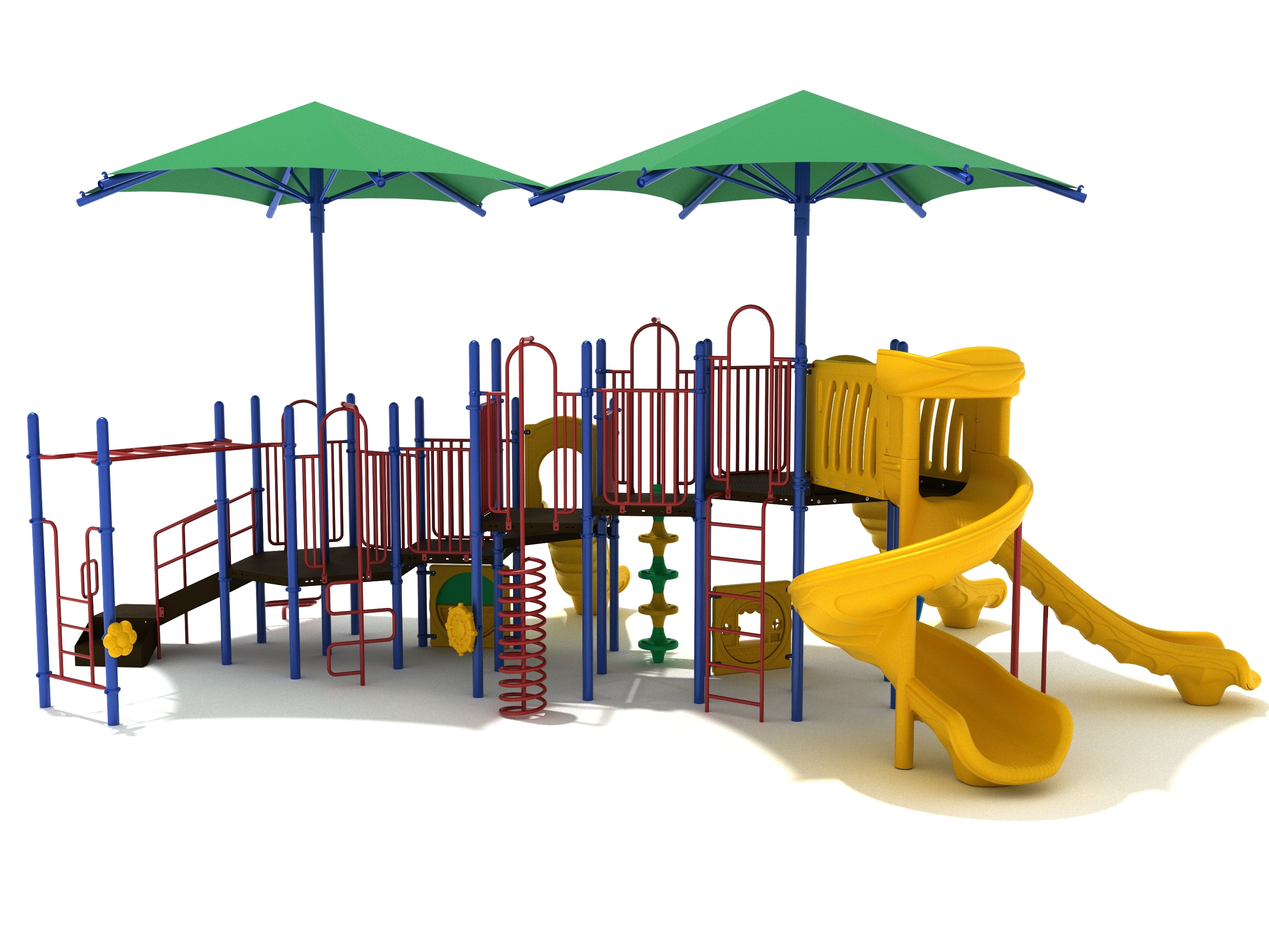 Colorful outdoor playground with slides, ocean-themed climber, figure climber, ship’s wheel, and green shade canopies for active play.