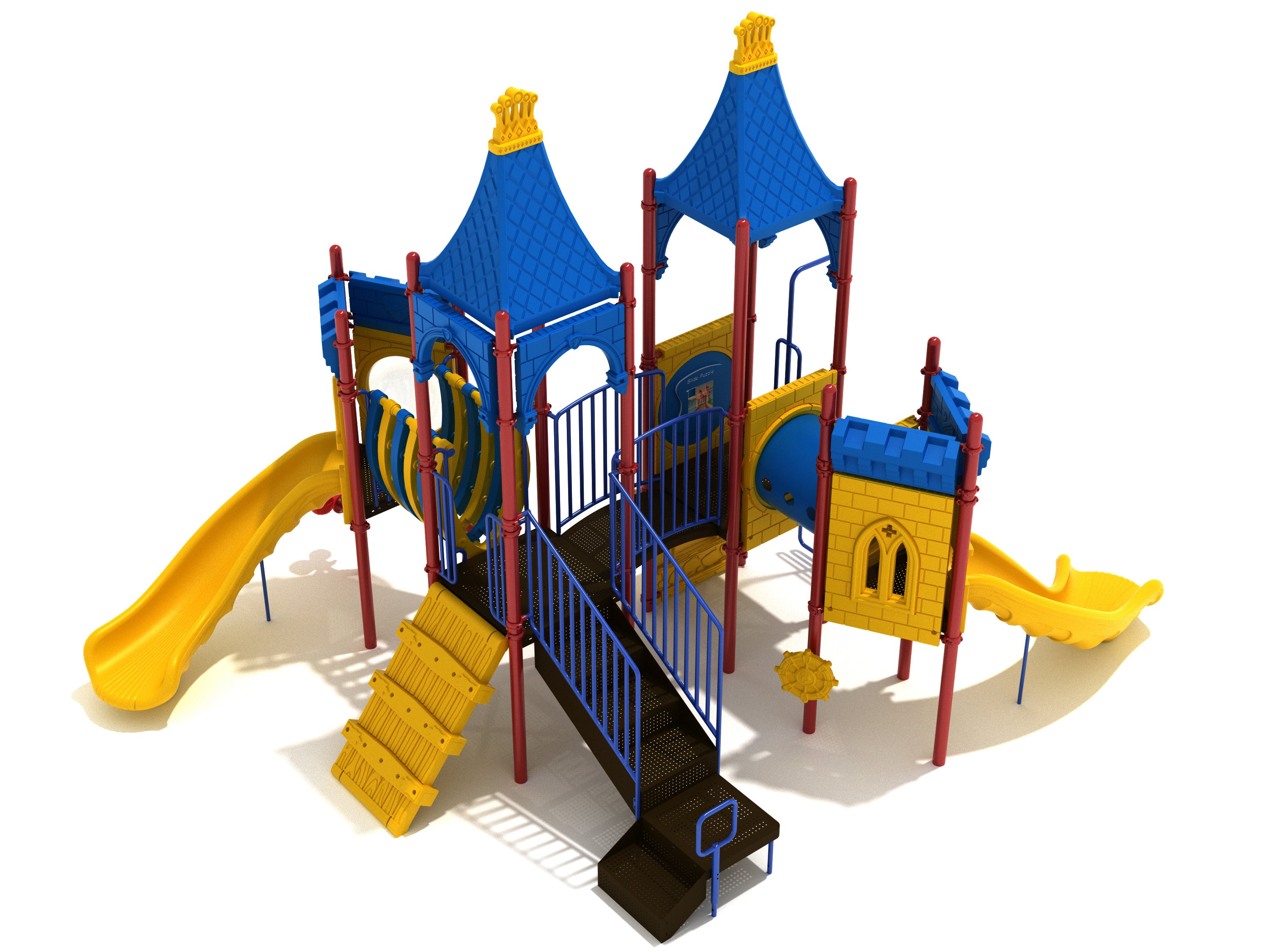 Colorful medieval playground with blue castle roofs, yellow slides, climbing ramp, arched bridge, and interactive activity panels.