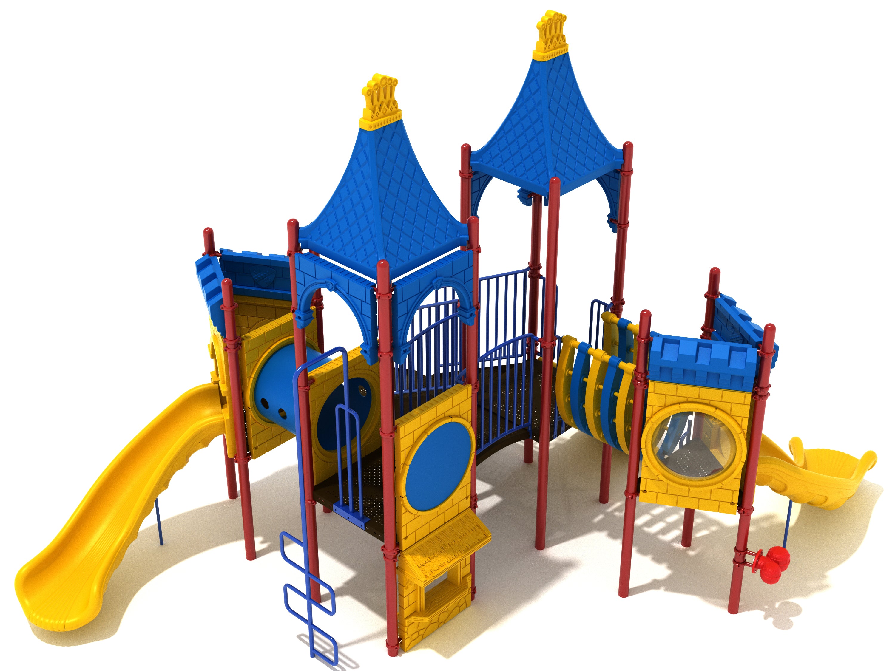 Colorful medieval playground with blue castle roofs, yellow slides, climbing structures, arched bridge, and interactive activity panels