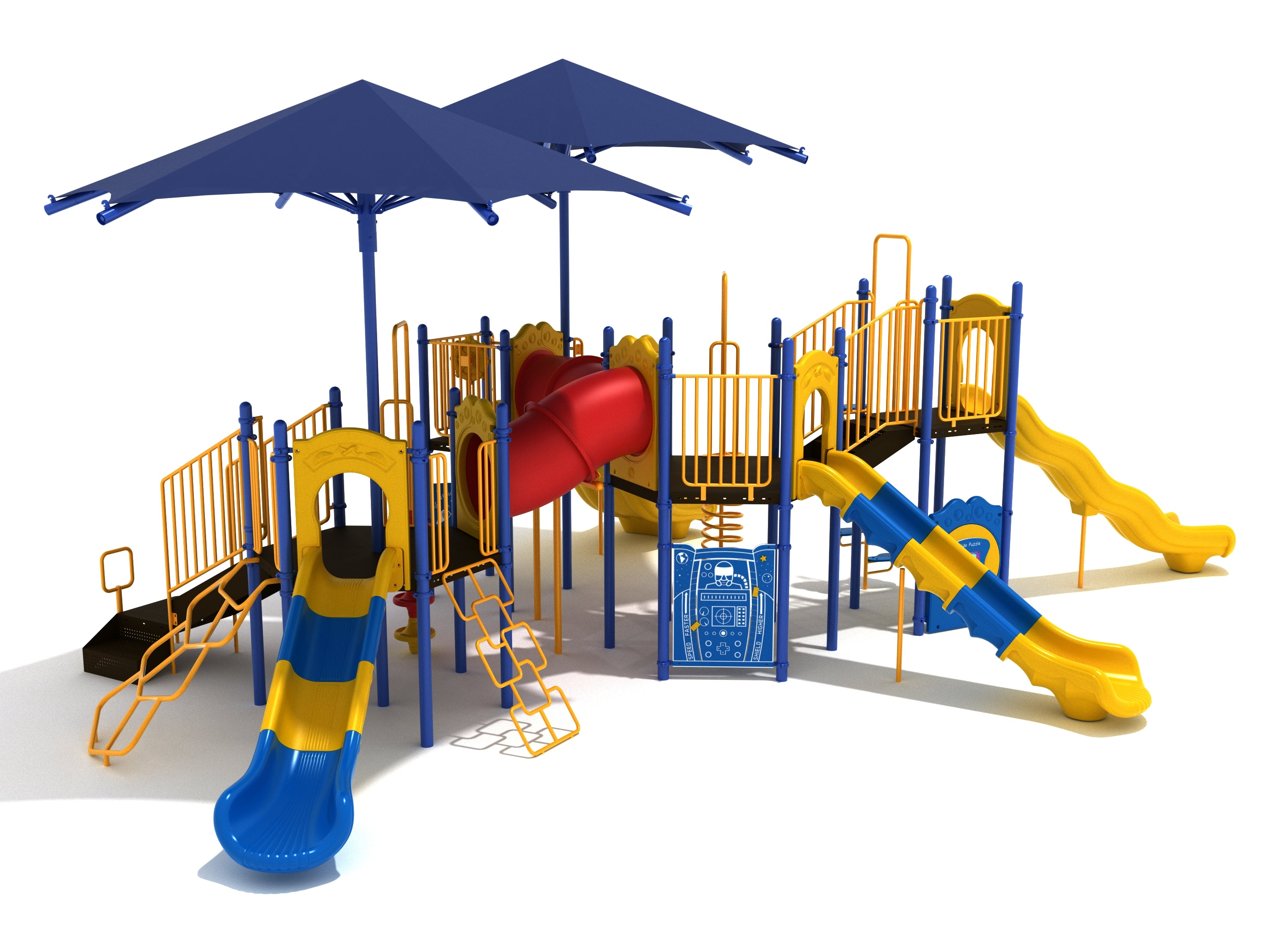 Easy Breezy Playground with blue and yellow slides, red spiral tube slide, climbing structures, activity panels, and blue hex shade canopies