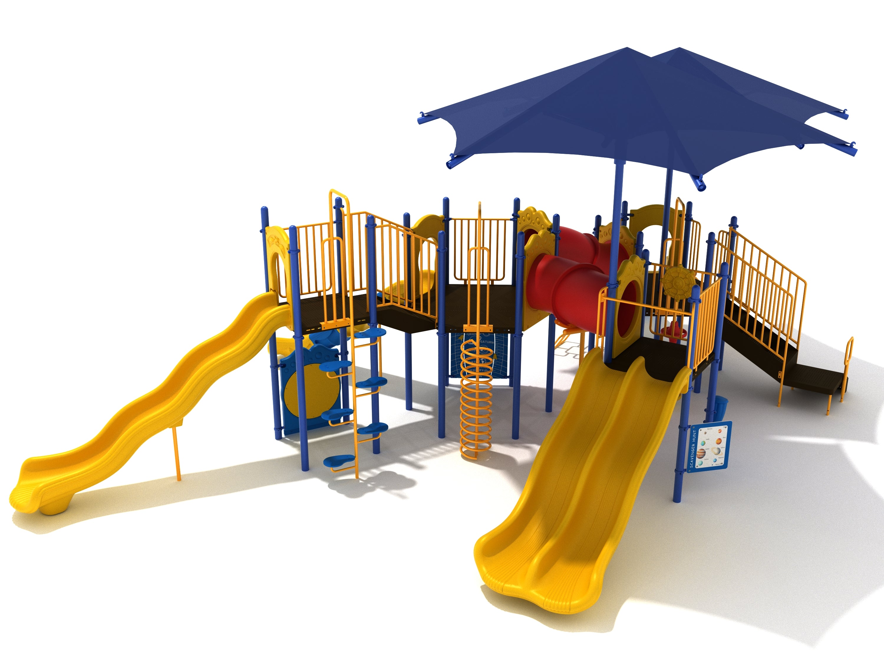 Colorful playground with yellow slides, red tunnel, blue hexagonal shade, climbing structures, and interactive activity panels