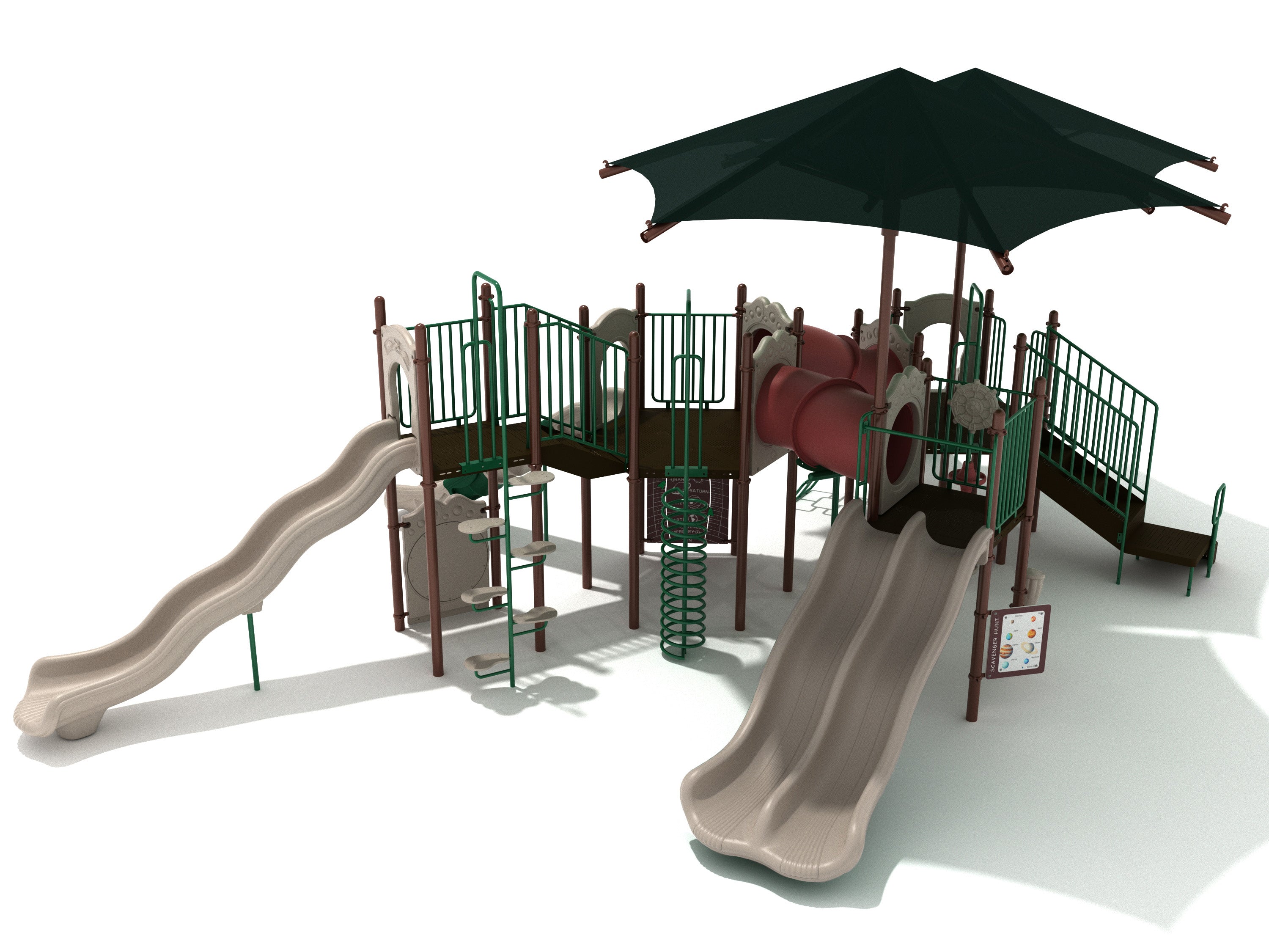 Playground structure with multiple slides, climbers, shaded canopy, and interactive panels for inclusive, imaginative play