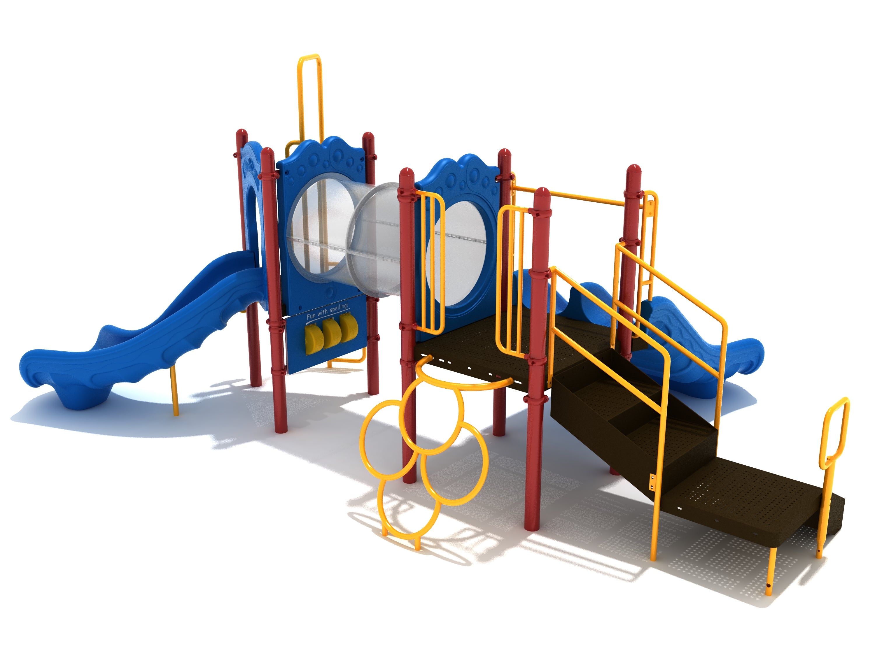 Colorful playground with blue slides, red posts, yellow railings, and a clear crawl tunnel connecting coral-inspired play platforms.