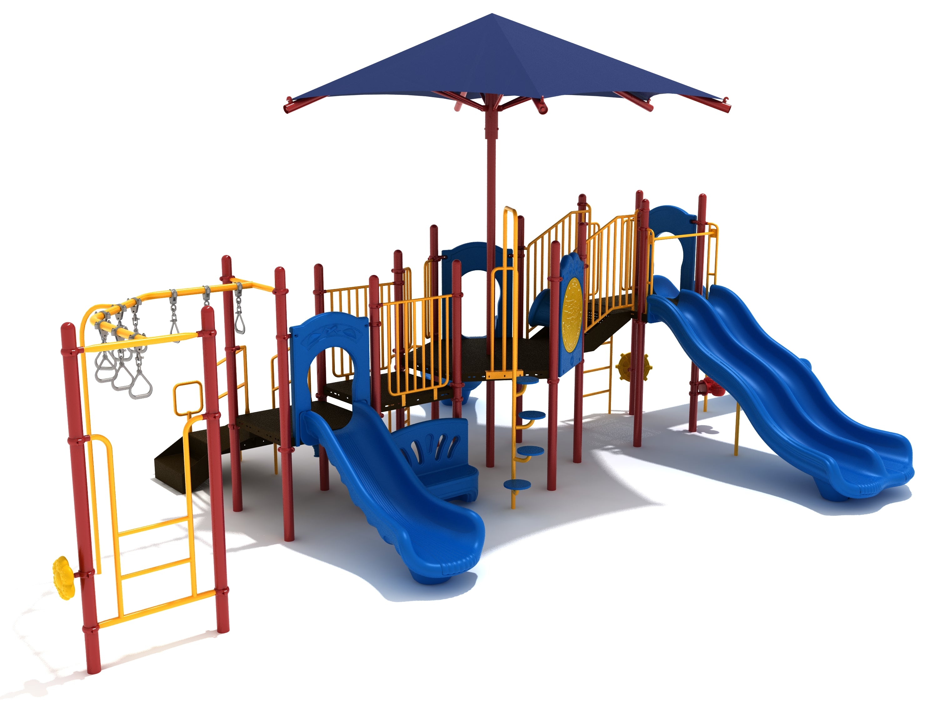 Skyward Shade Playground with blue slides, red and yellow climbing structures, and a large blue canopy