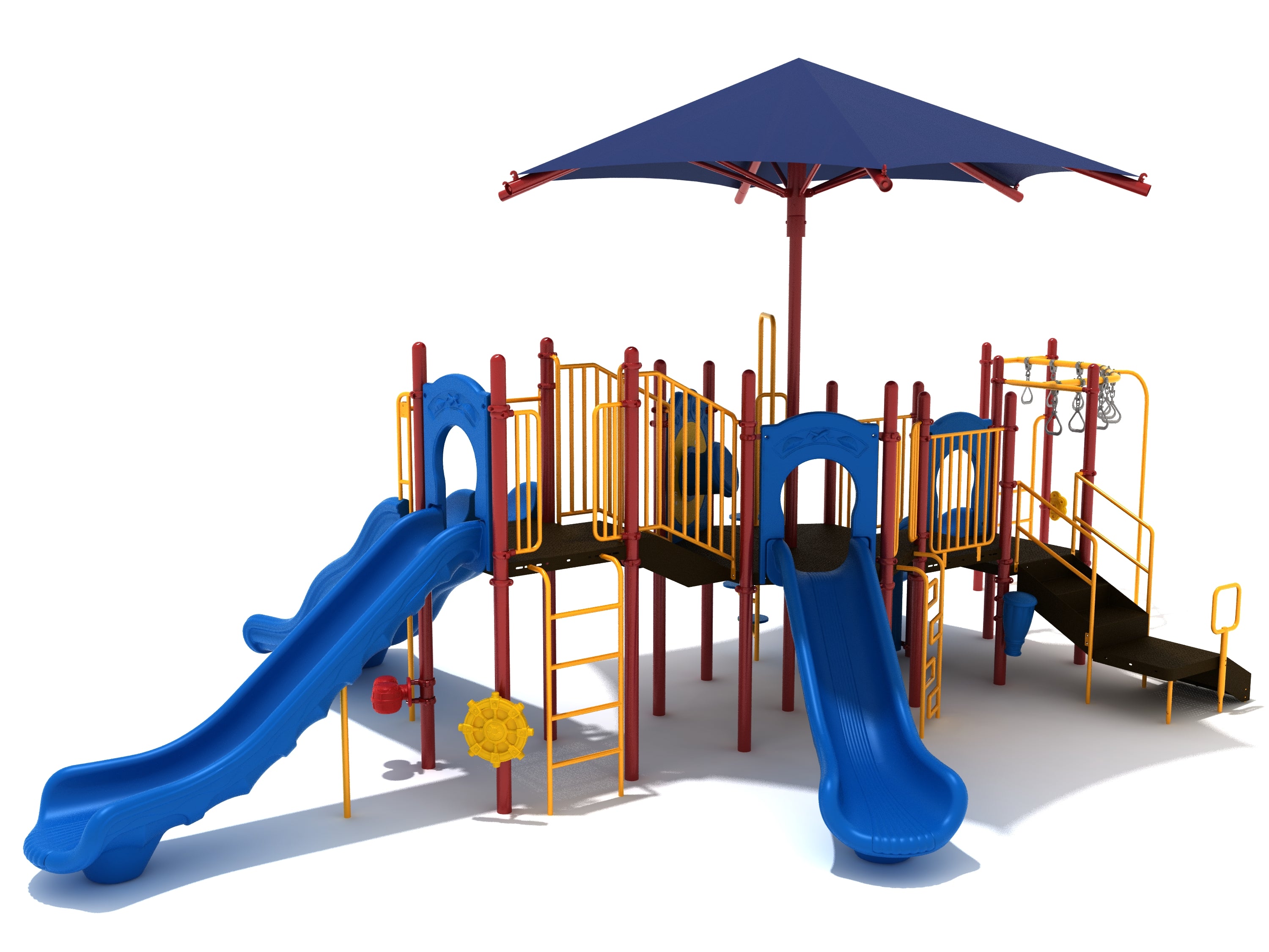Colorful playground structure with two blue slides, climbing ladders, activity panels, and a large blue shade canopy