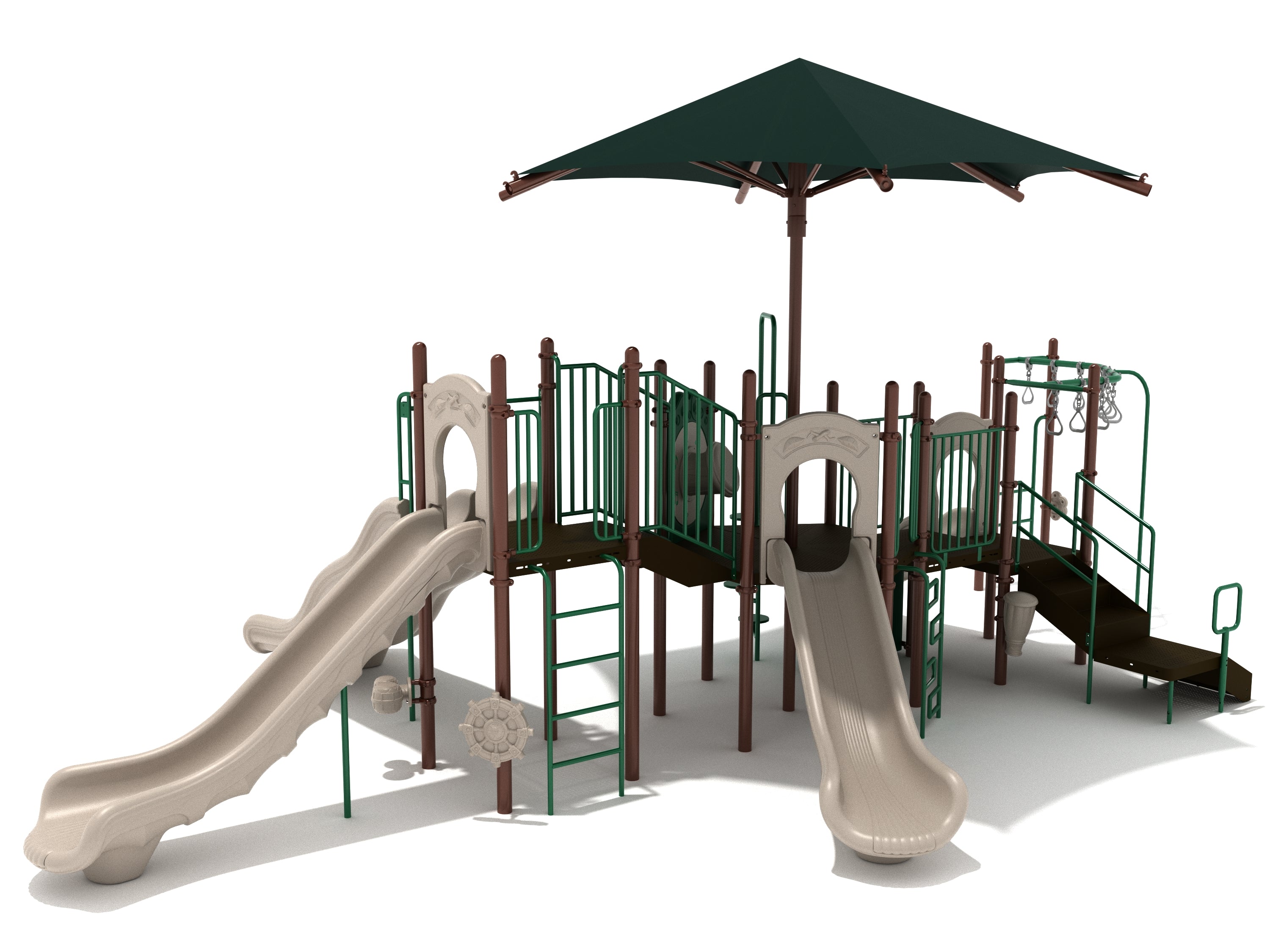 Outdoor playground structure with dual slides, climbing ladders, activity panels, and large green shade canopy
