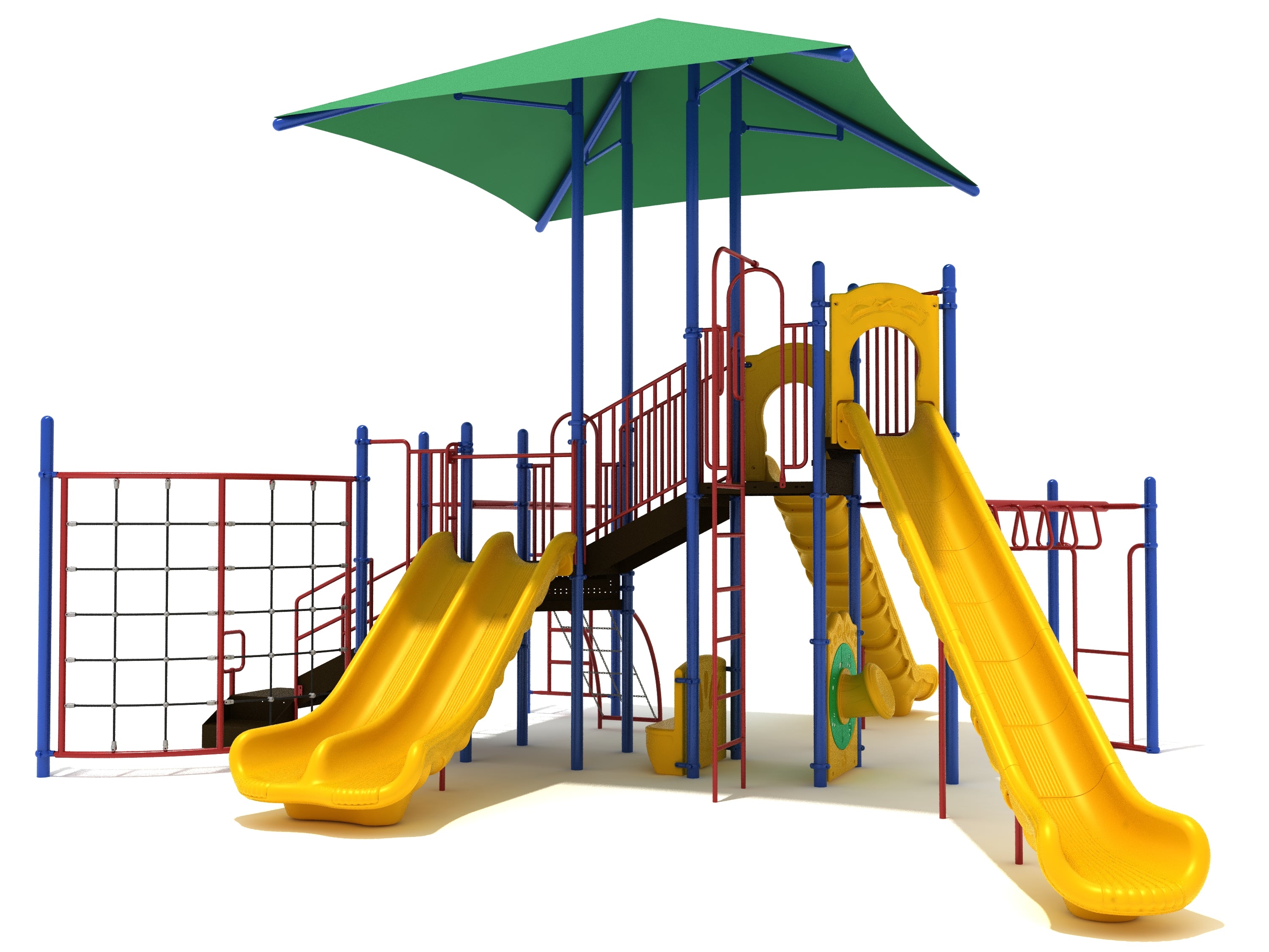 Rover's Rest Playground System with yellow twisty slide, climbing nets, overhead ladder, green shade canopy, and ground-level play features