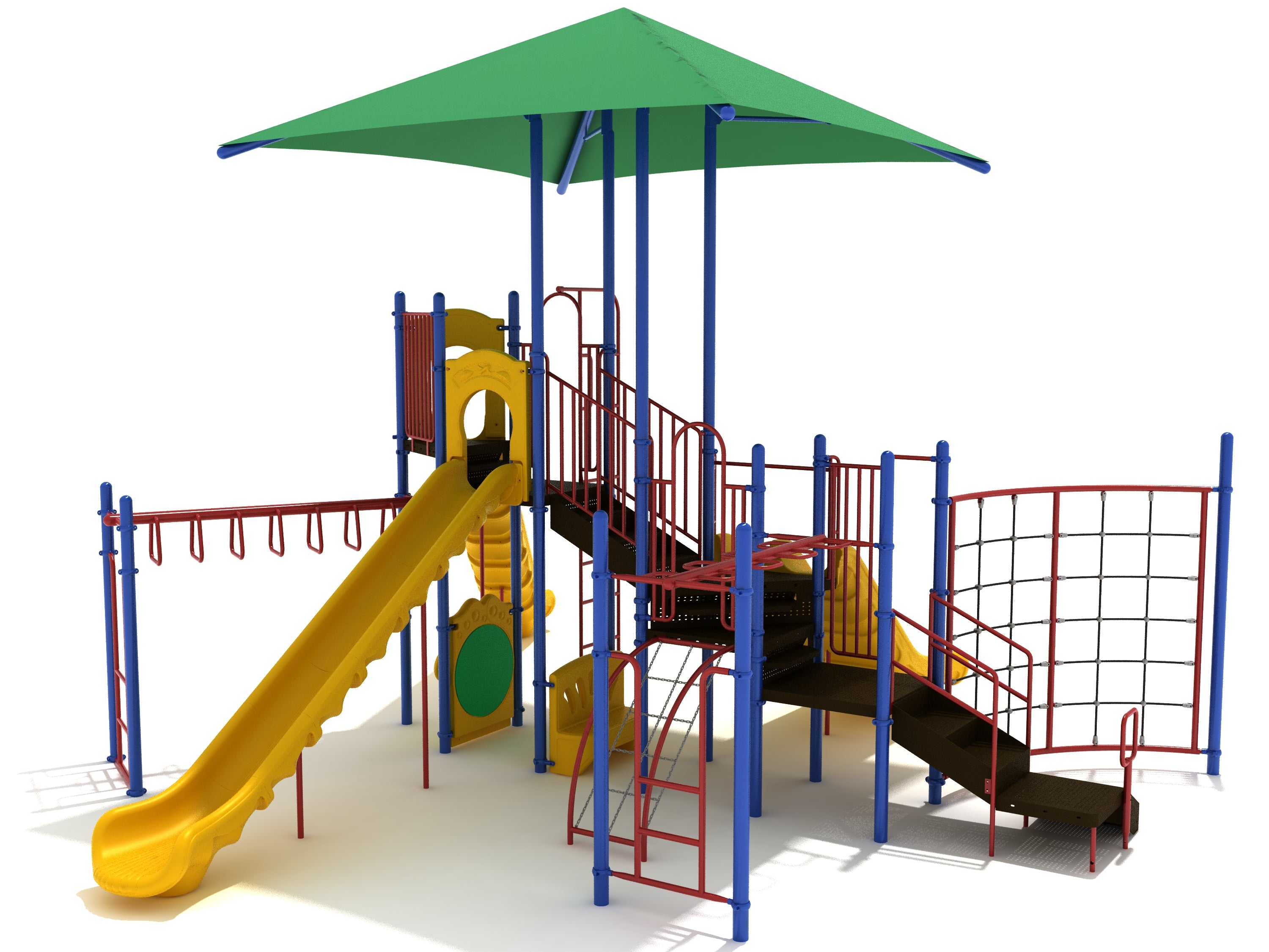 Colorful playground with yellow slides, red climbing structures, blue poles, and large green shade canopy for active play and social connection