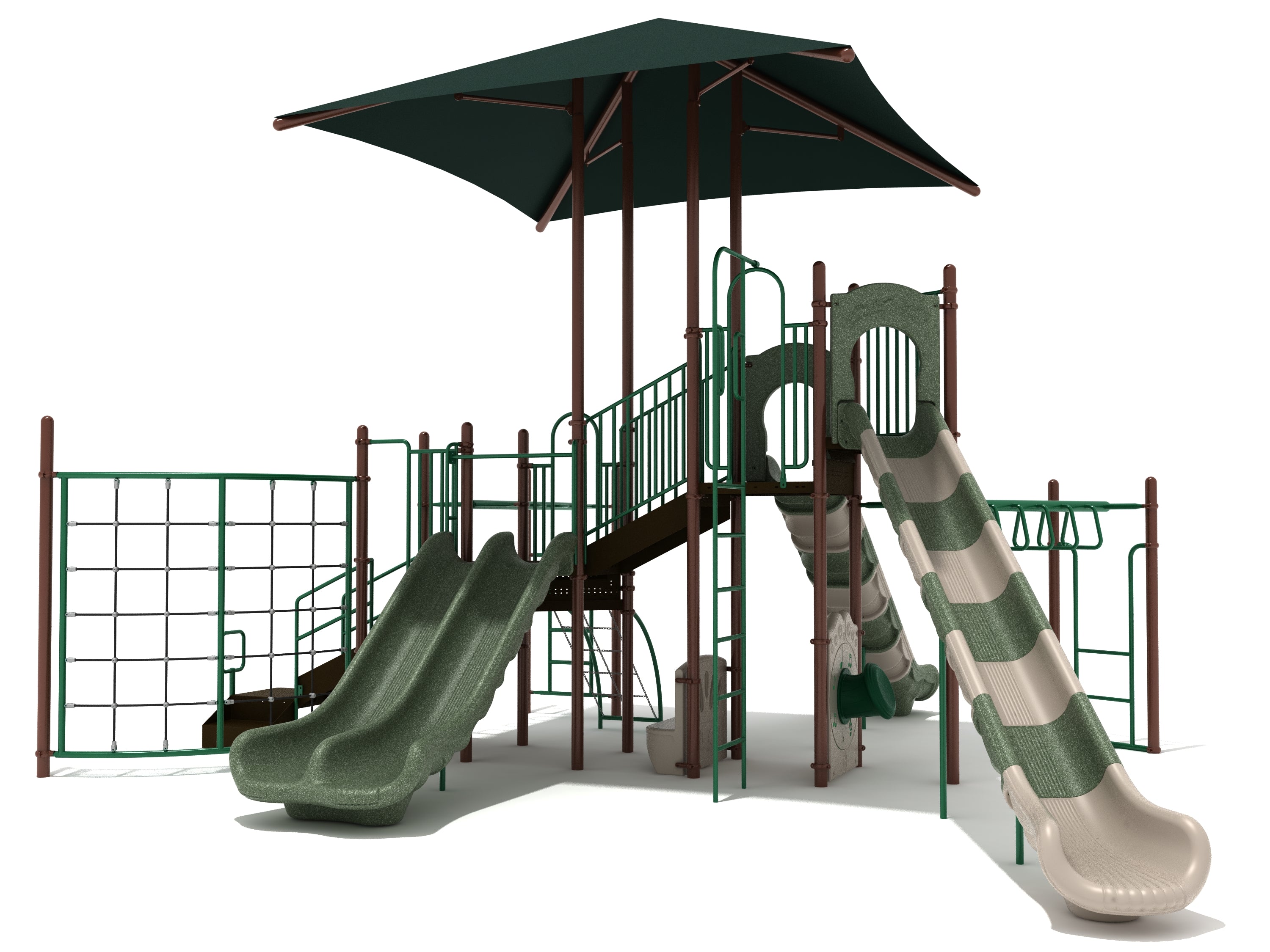 Modern playground with green and beige slides, climbing nets, overhead shade, and multiple play structures for active, inclusive play.